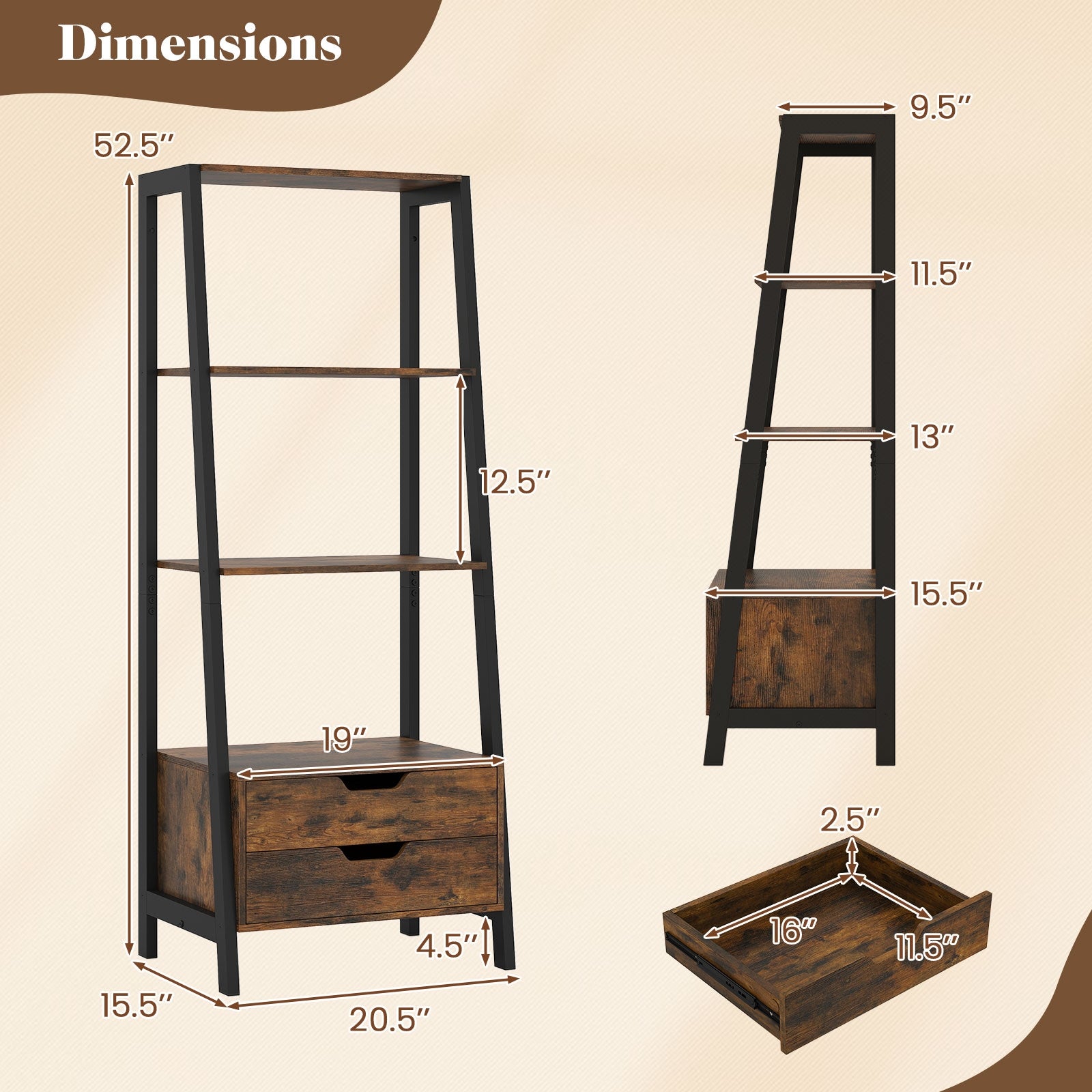 4-Tier Ladder Shelf with 2 Drawers 52.5 Inch Tall Freestanding Bookcase, Rustic Brown Bookcases at Gallery Canada