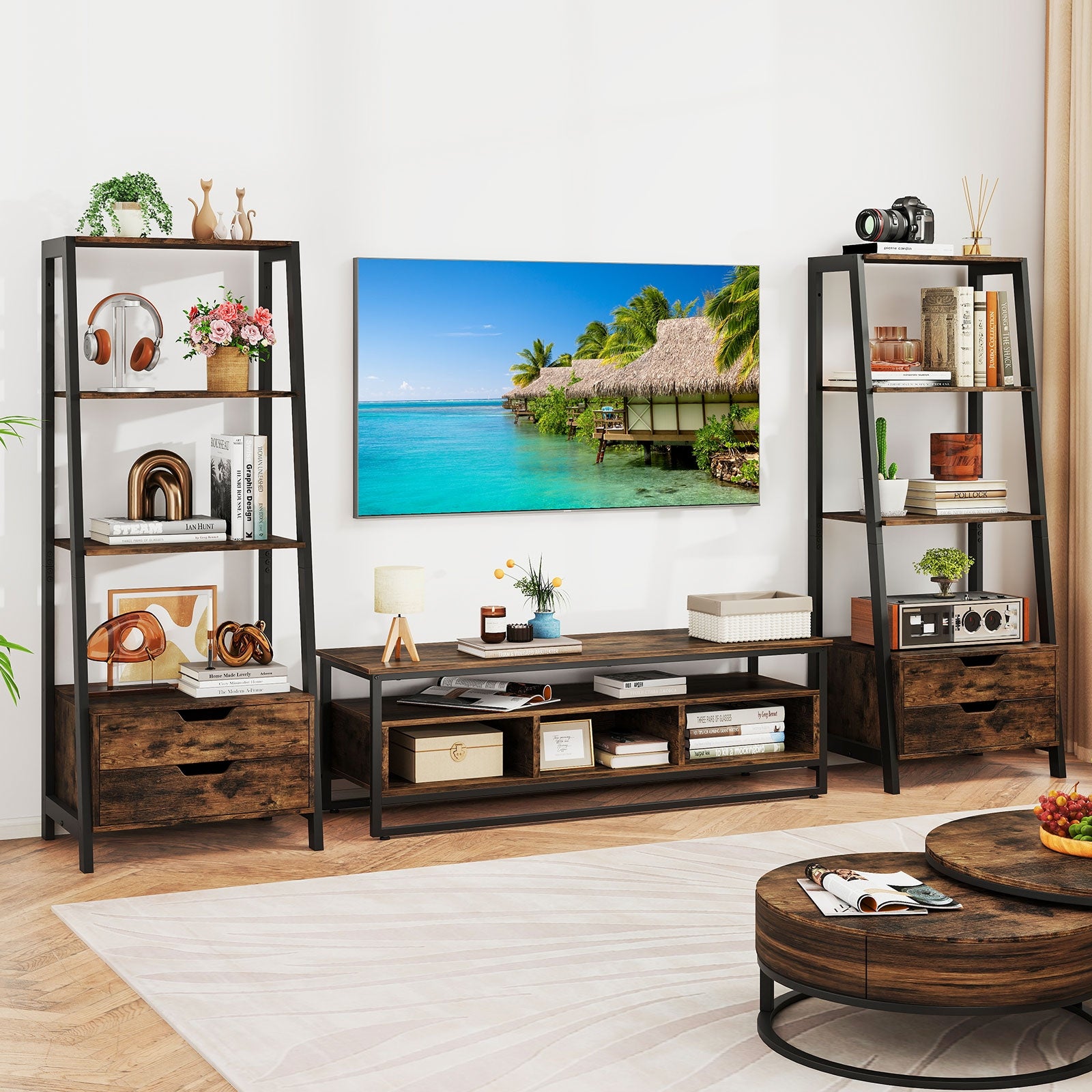 4-Tier Ladder Shelf with 2 Drawers 52.5 Inch Tall Freestanding Bookcase, Rustic Brown Bookcases at Gallery Canada