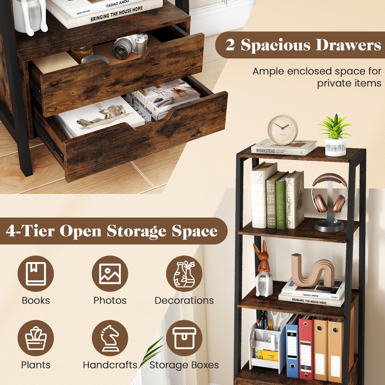 4-Tier Ladder Shelf with 2 Drawers 52.5 Inch Tall Freestanding Bookcase, Rustic Brown Bookcases at Gallery Canada
