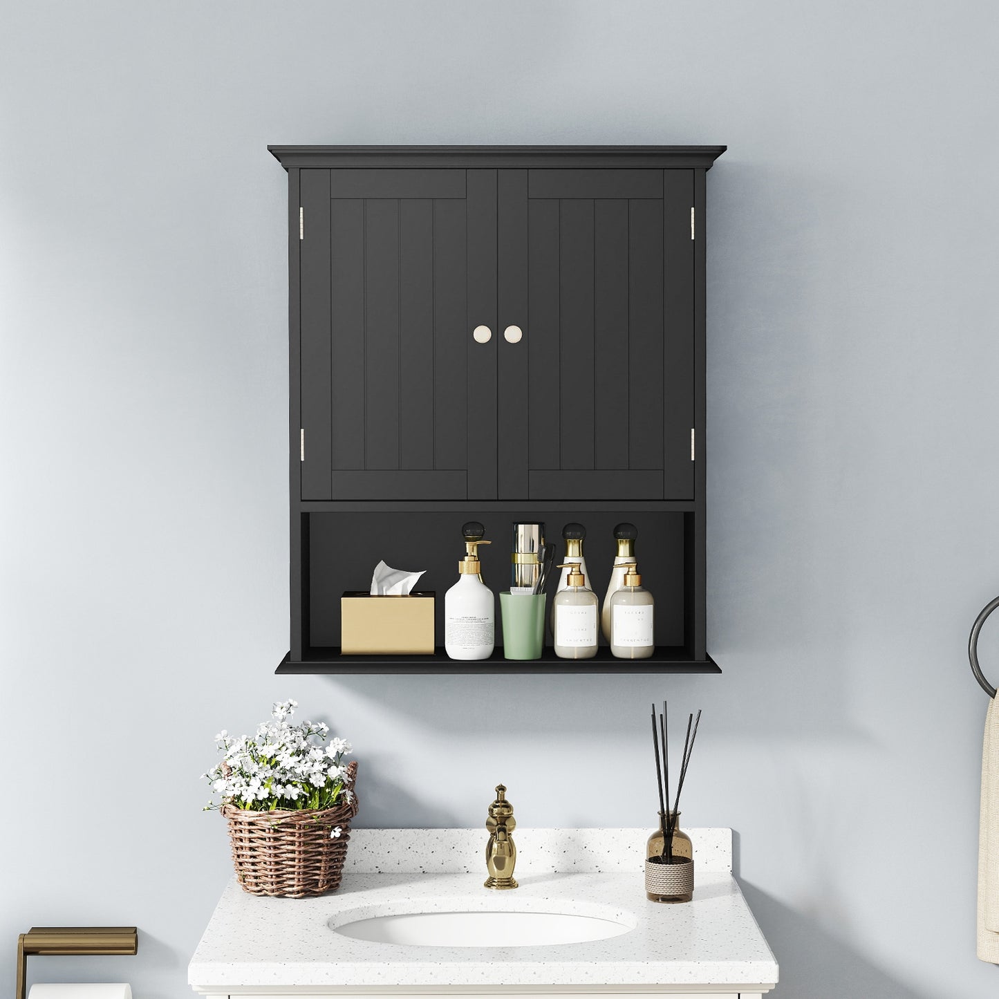 Wall Mount Bathroom Cabinet Storage Organizer with Doors and Shelves, Black Wall Cabinets at Gallery Canada