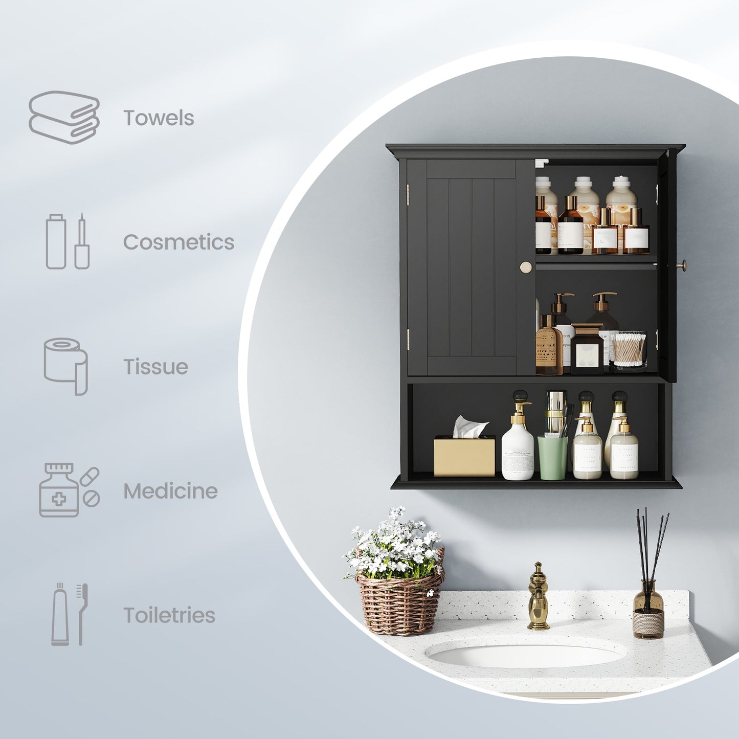 Wall Mount Bathroom Cabinet Storage Organizer with Doors and Shelves, Black Wall Cabinets at Gallery Canada