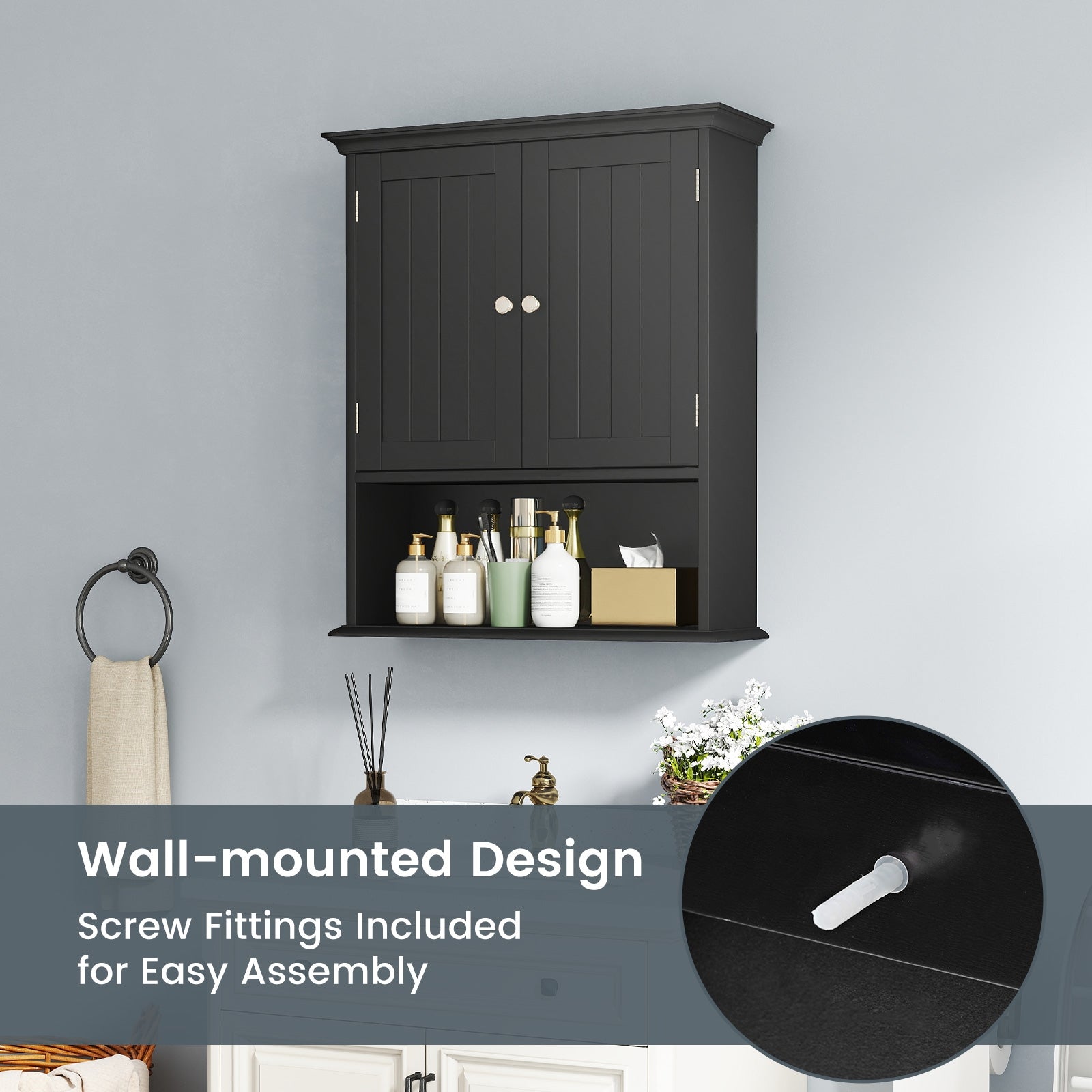 Wall Mount Bathroom Cabinet Storage Organizer with Doors and Shelves, Black Wall Cabinets at Gallery Canada