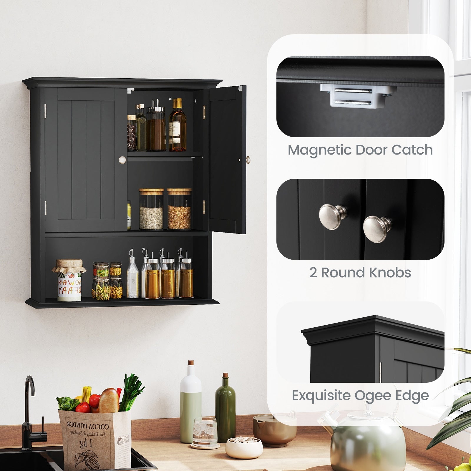 Wall Mount Bathroom Cabinet Storage Organizer with Doors and Shelves, Black Wall Cabinets at Gallery Canada