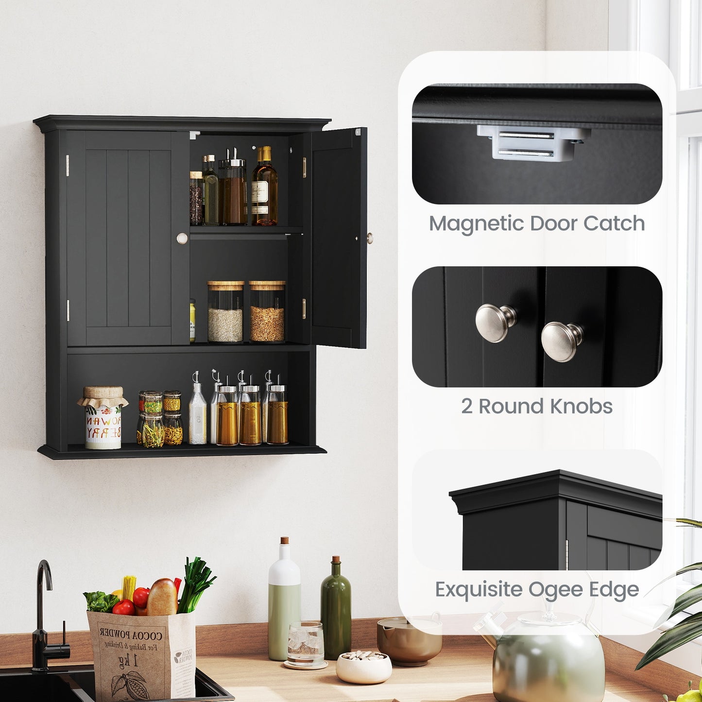 Wall Mount Bathroom Cabinet Storage Organizer with Doors and Shelves, Black Wall Cabinets at Gallery Canada