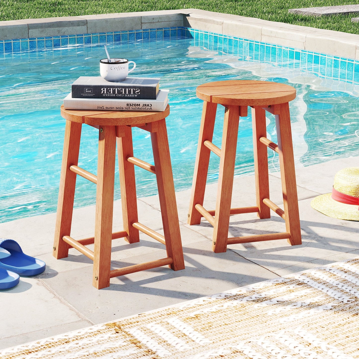 18-Inch Outdoor Wood Bar Stools Set of 2 with Round Seat and Footrest Patio Bar Furniture at Gallery Canada