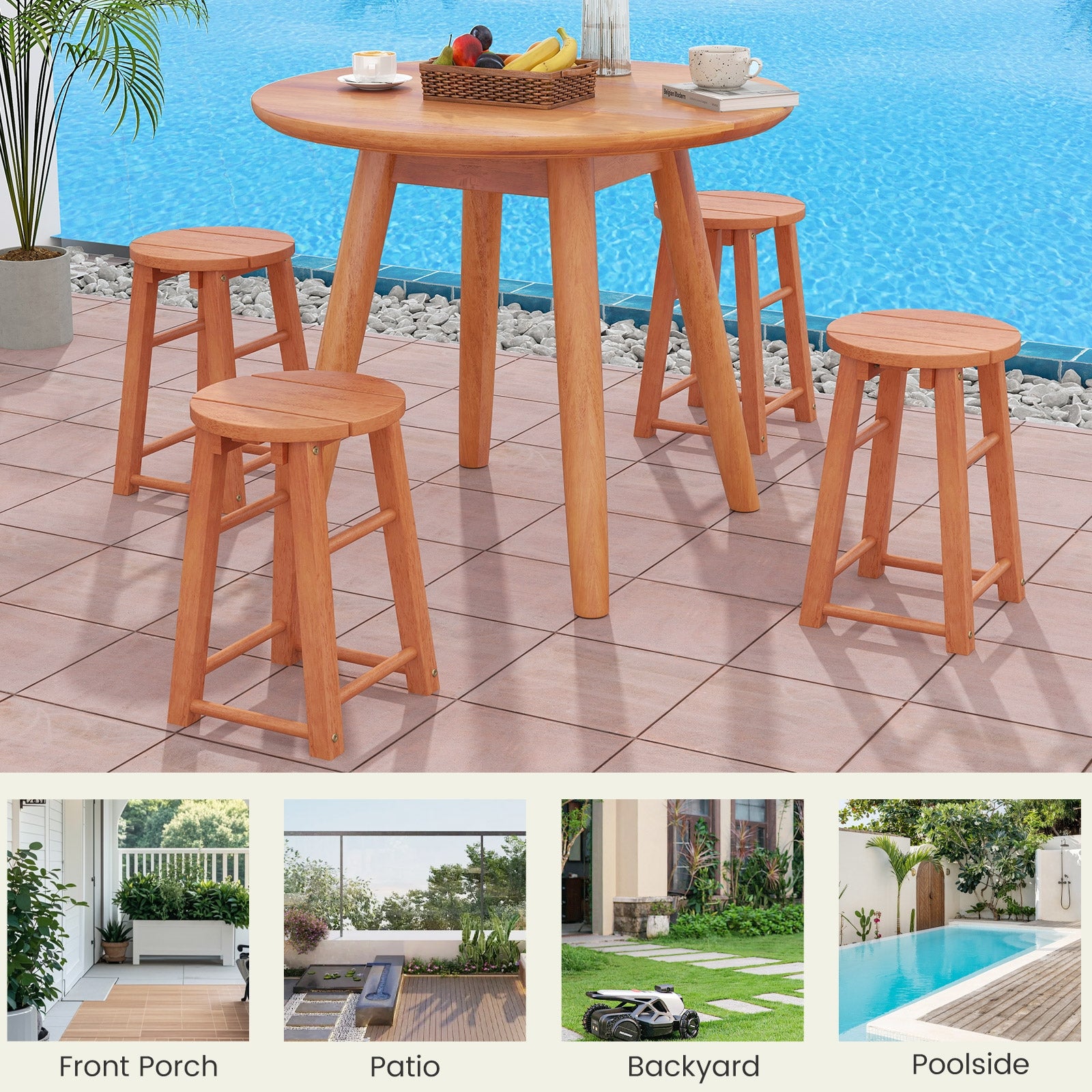18-Inch Outdoor Wood Bar Stools Set of 2 with Round Seat and Footrest Patio Bar Furniture at Gallery Canada