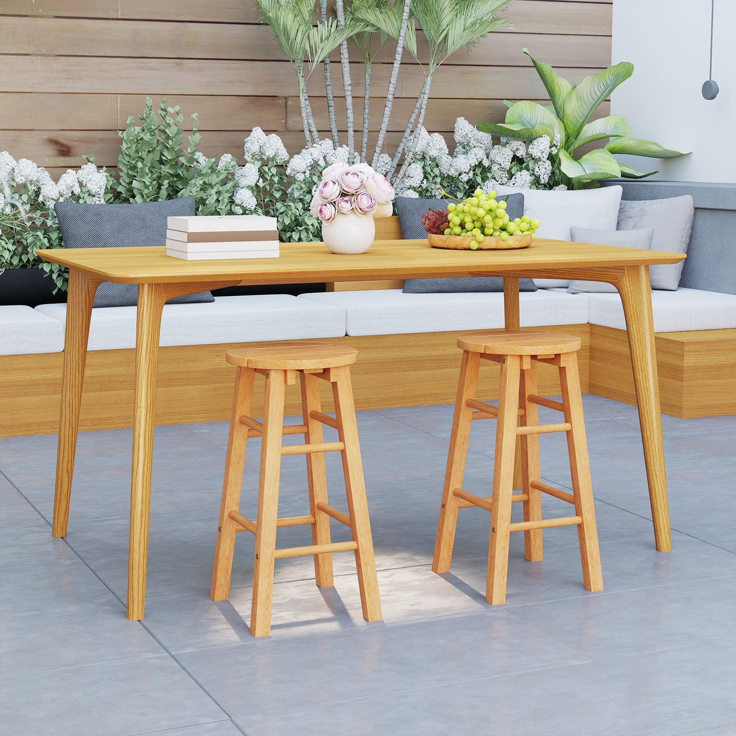 24-Inch Outdoor Wood Bar Stools Set of 2 with Round Seat and Footrest Patio Bar Furniture at Gallery Canada
