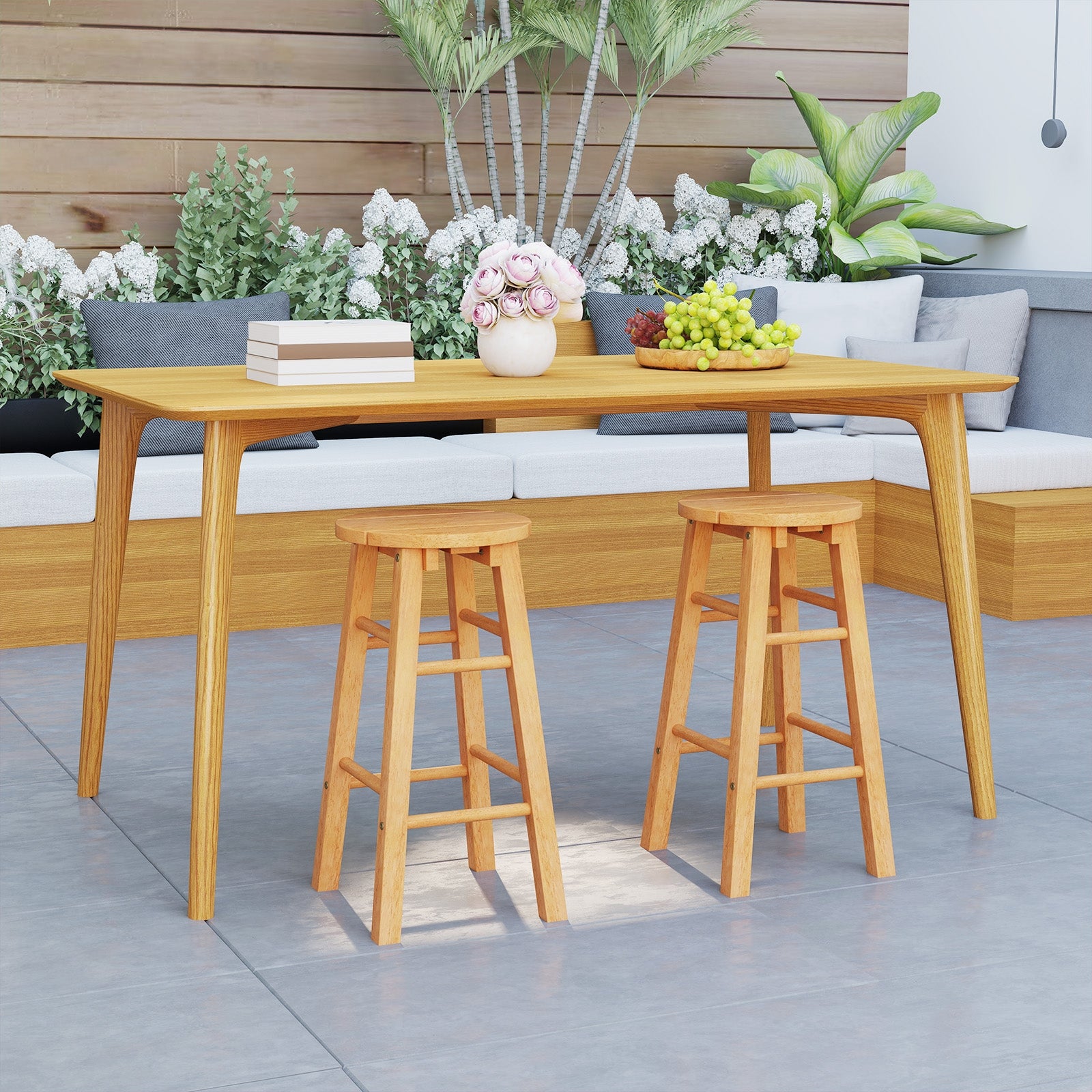 24-Inch Outdoor Wood Bar Stools Set of 2 with Round Seat and Footrest Patio Bar Furniture at Gallery Canada