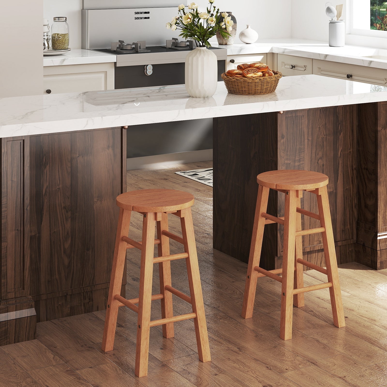 24-Inch Outdoor Wood Bar Stools Set of 2 with Round Seat and Footrest Patio Bar Furniture at Gallery Canada