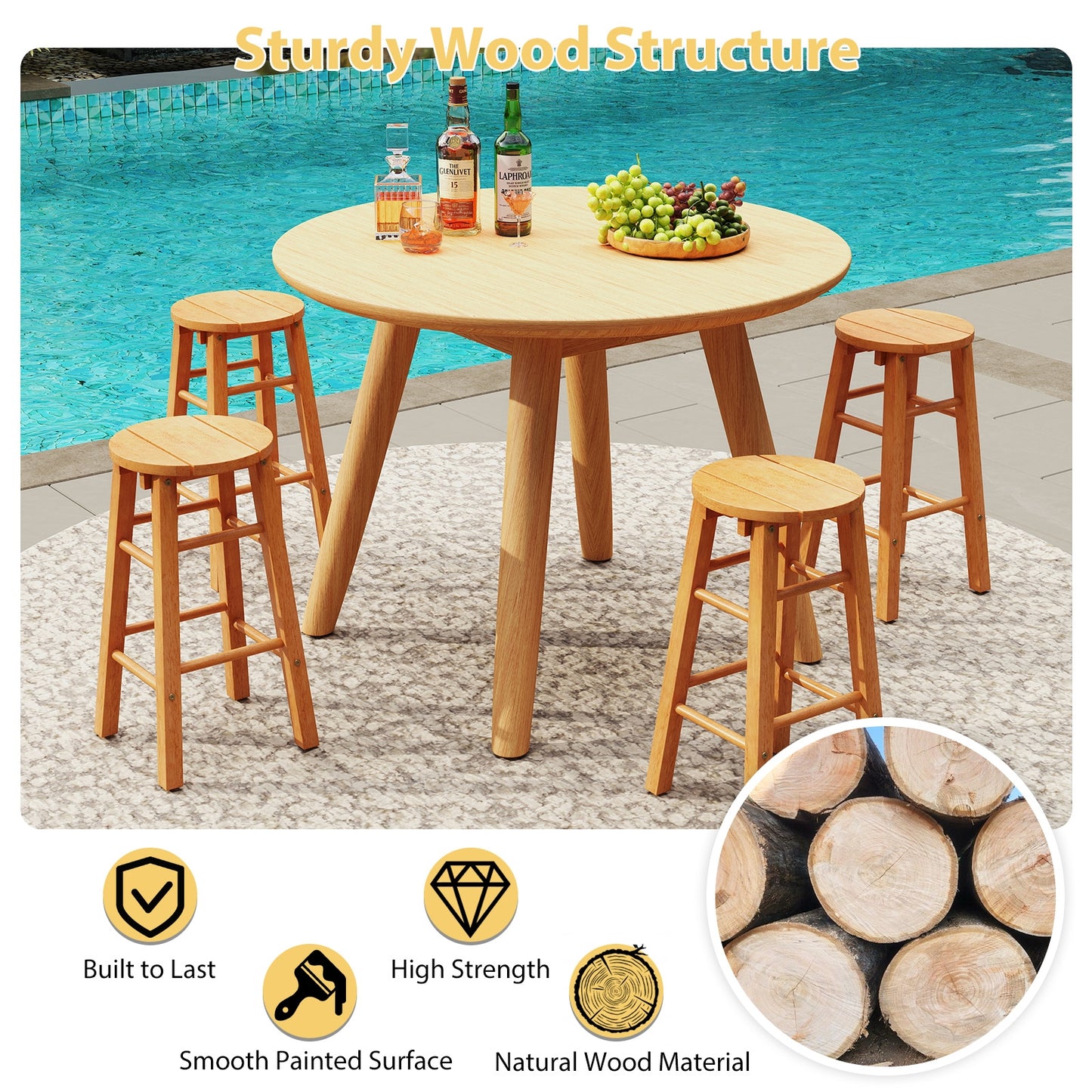 24-Inch Outdoor Wood Bar Stools Set of 2 with Round Seat and Footrest Patio Bar Furniture at Gallery Canada