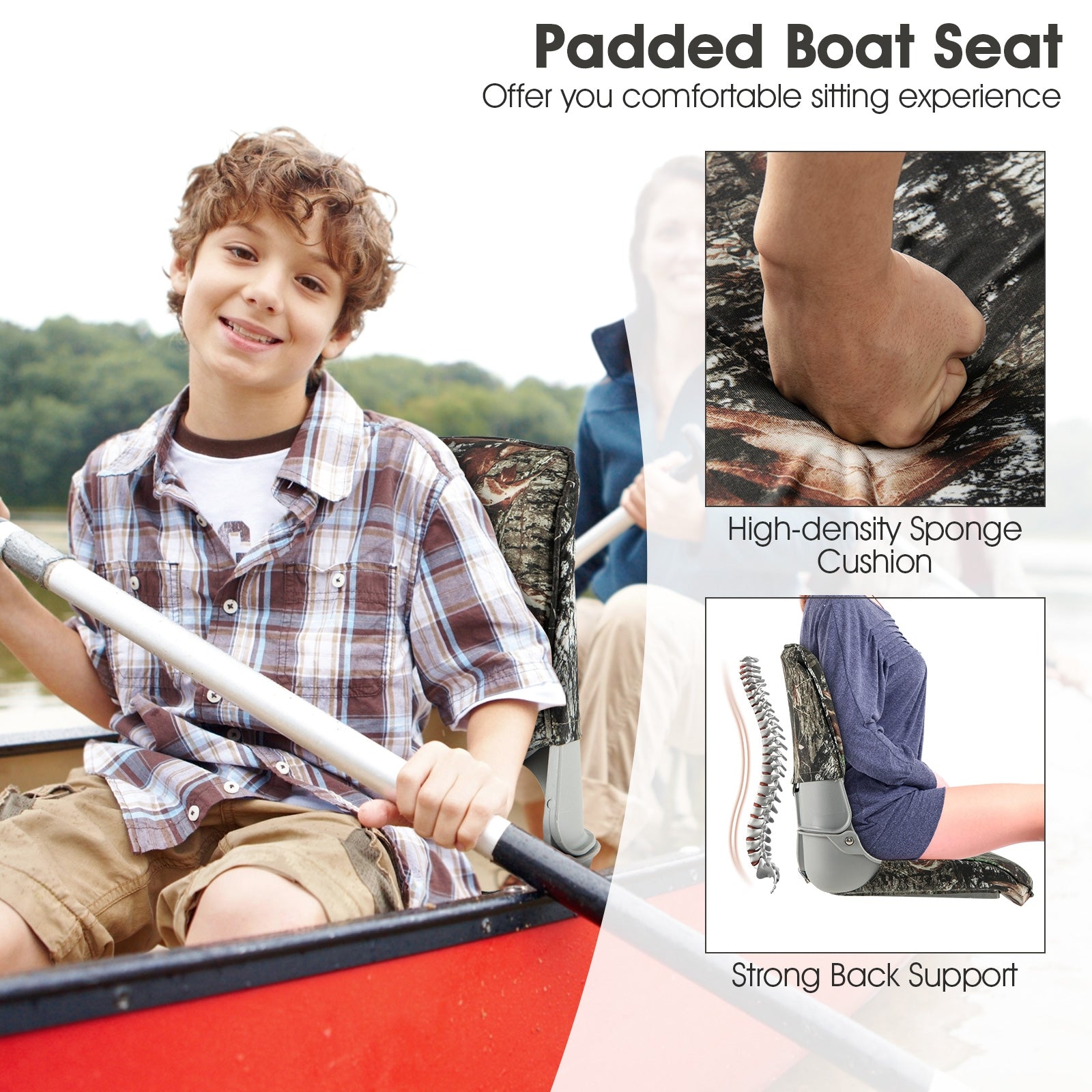 Low Back Folding Padded Boat Seat with 4 Bolts for Outdoor Adventures, Camouflage Water Sports at Gallery Canada