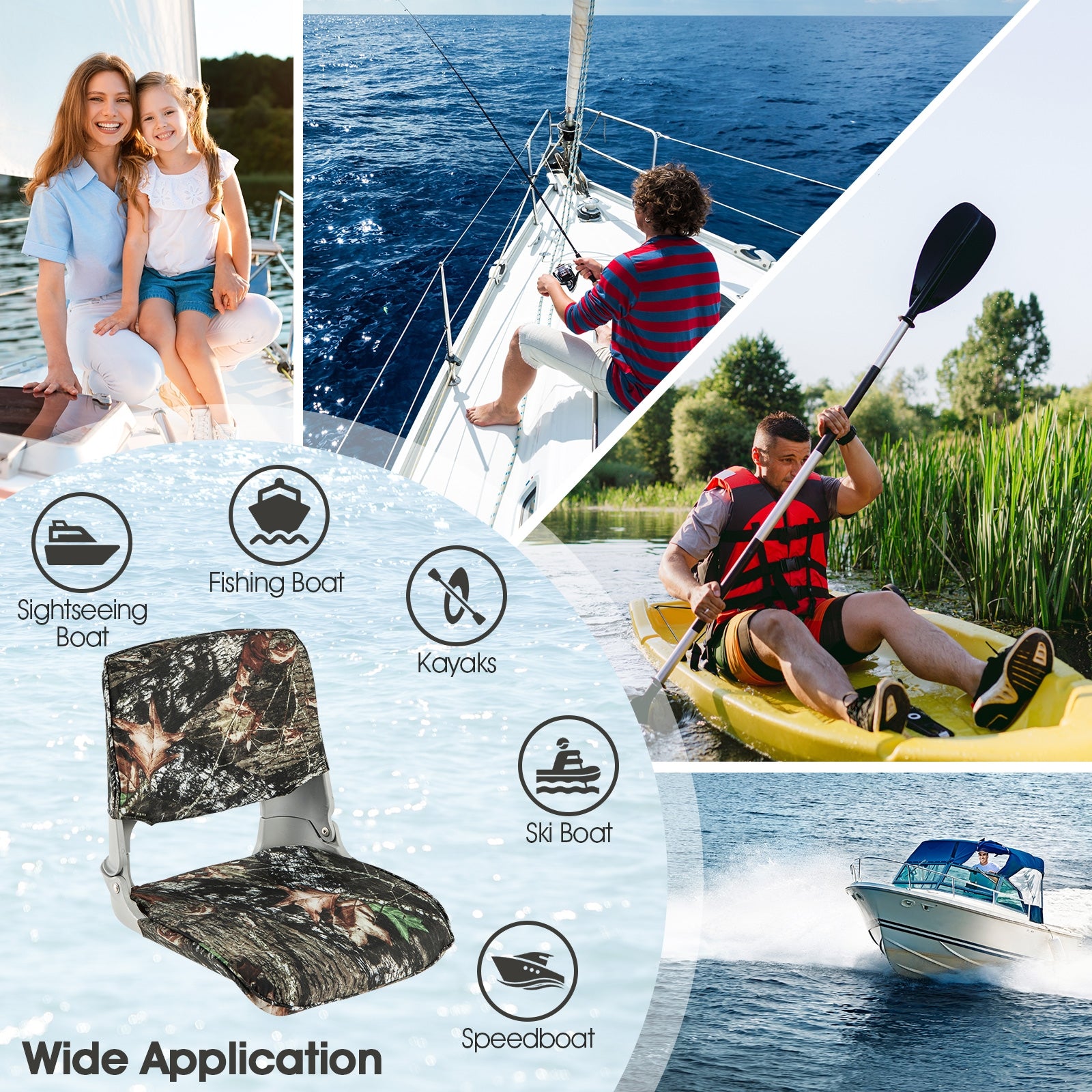 Low Back Folding Padded Boat Seat with 4 Bolts for Outdoor Adventures, Camouflage Water Sports at Gallery Canada