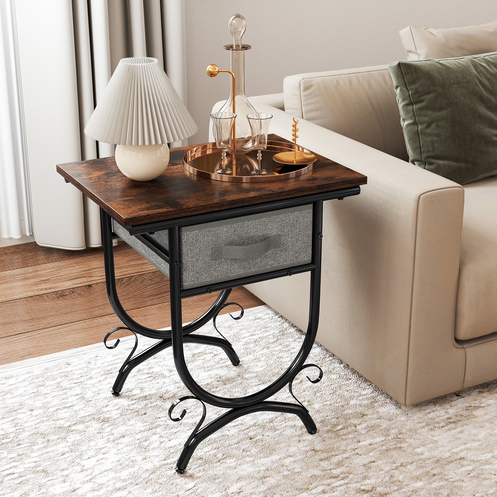 Side Table with Fabric Drawer and Carved Metal Frame for Living Room Nightstands at Gallery Canada