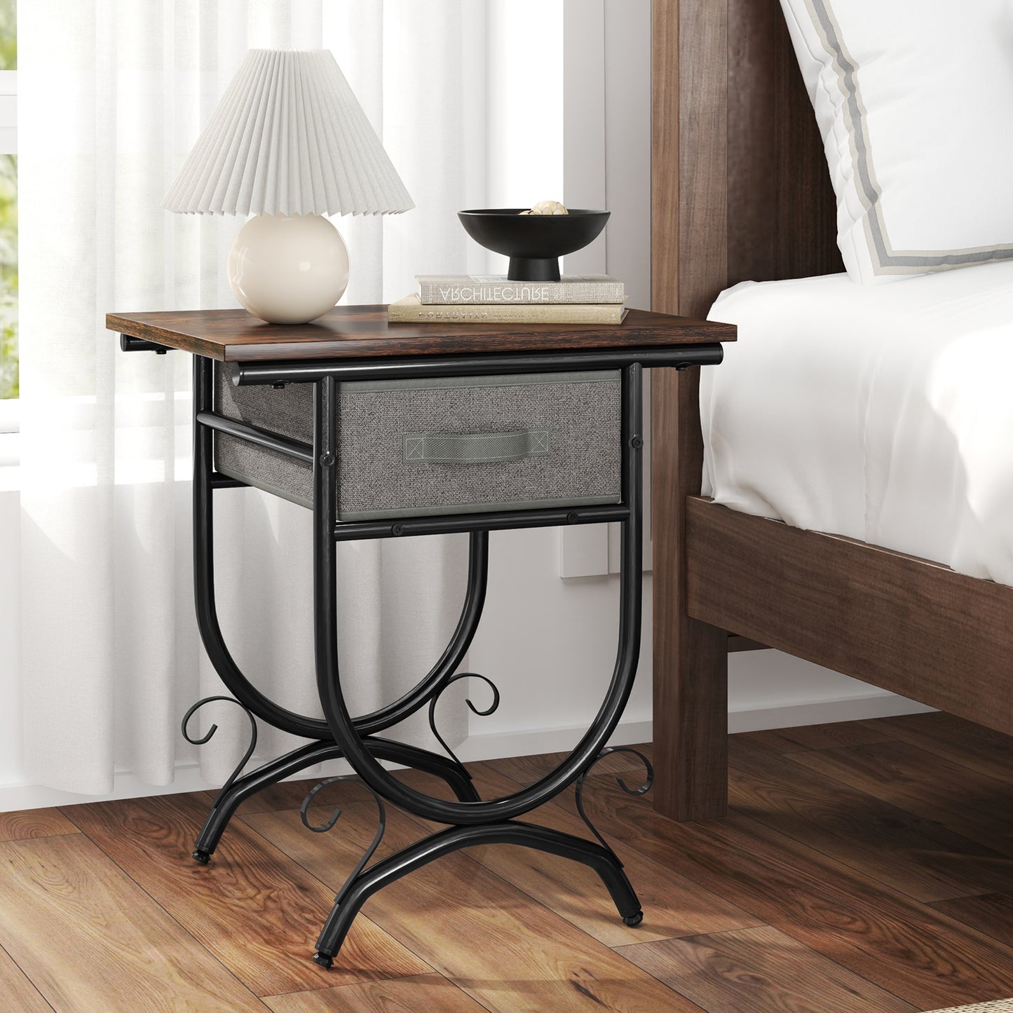 Side Table with Fabric Drawer and Carved Metal Frame for Living Room Nightstands at Gallery Canada