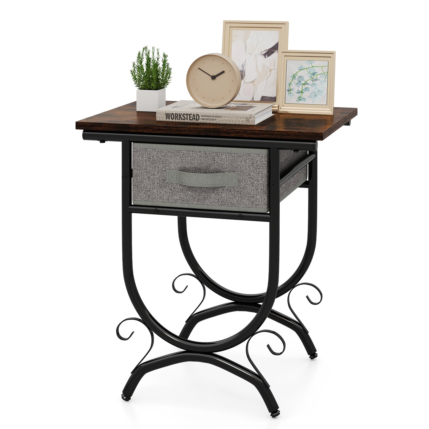 Side Table With Fabric Drawer, Carved Metal Frame, Living Room Nightstands Options at Gallery Canada