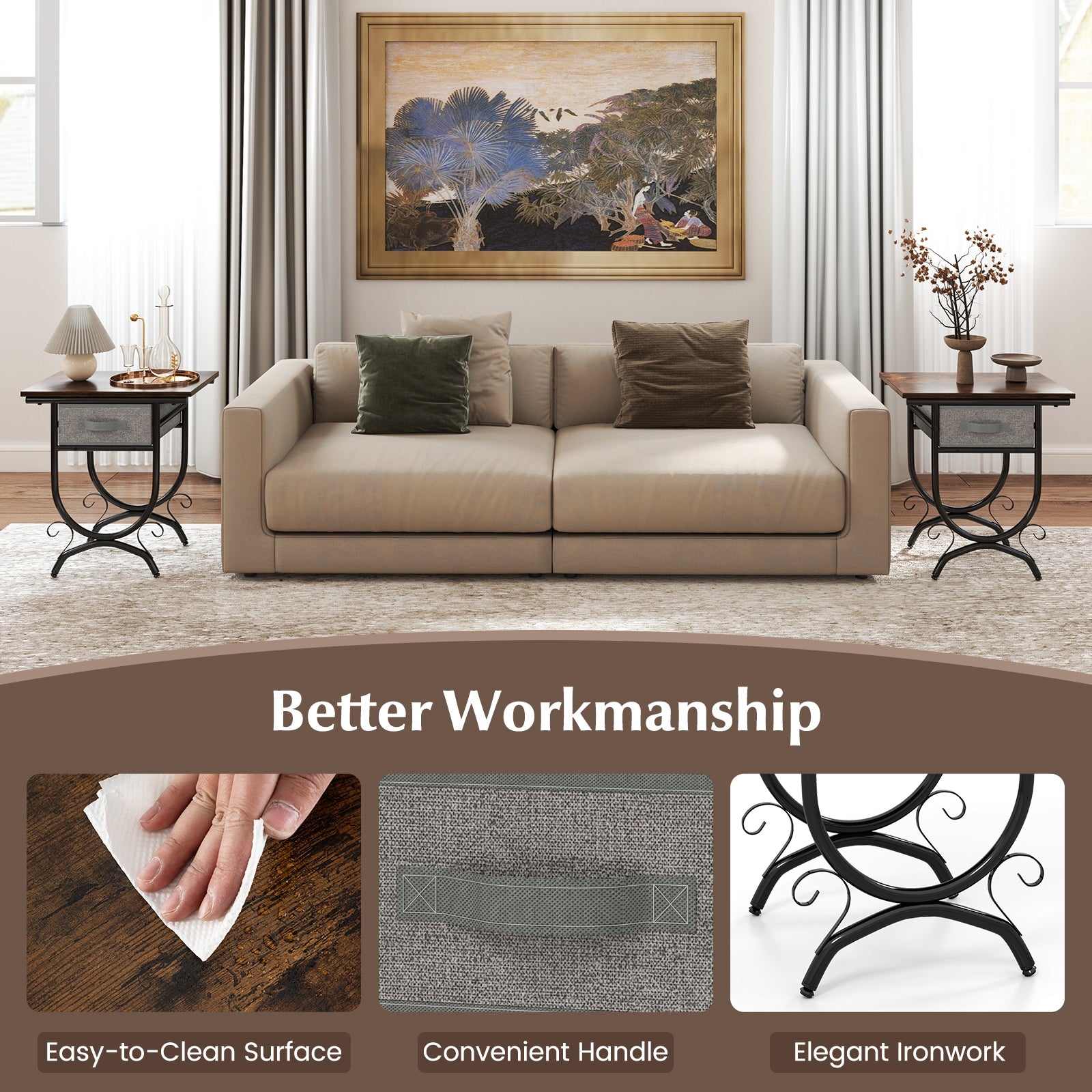 Side Table with Fabric Drawer and Carved Metal Frame for Living Room Nightstands at Gallery Canada