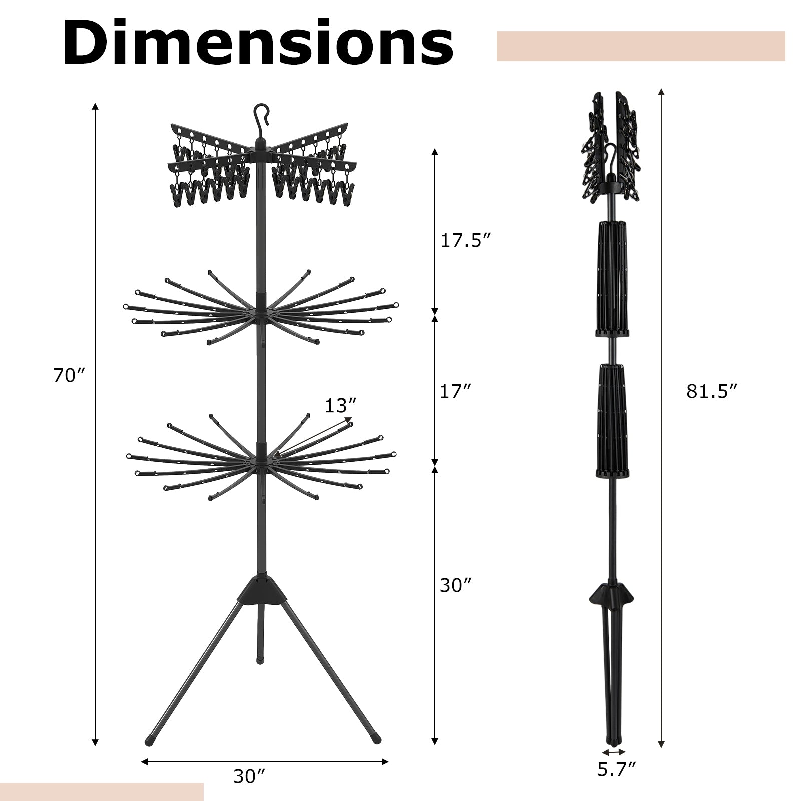 3-Tier Tripod Freestanding Folding Clothes Drying Rack with 24 Clips, Black Drying Racks at Gallery Canada