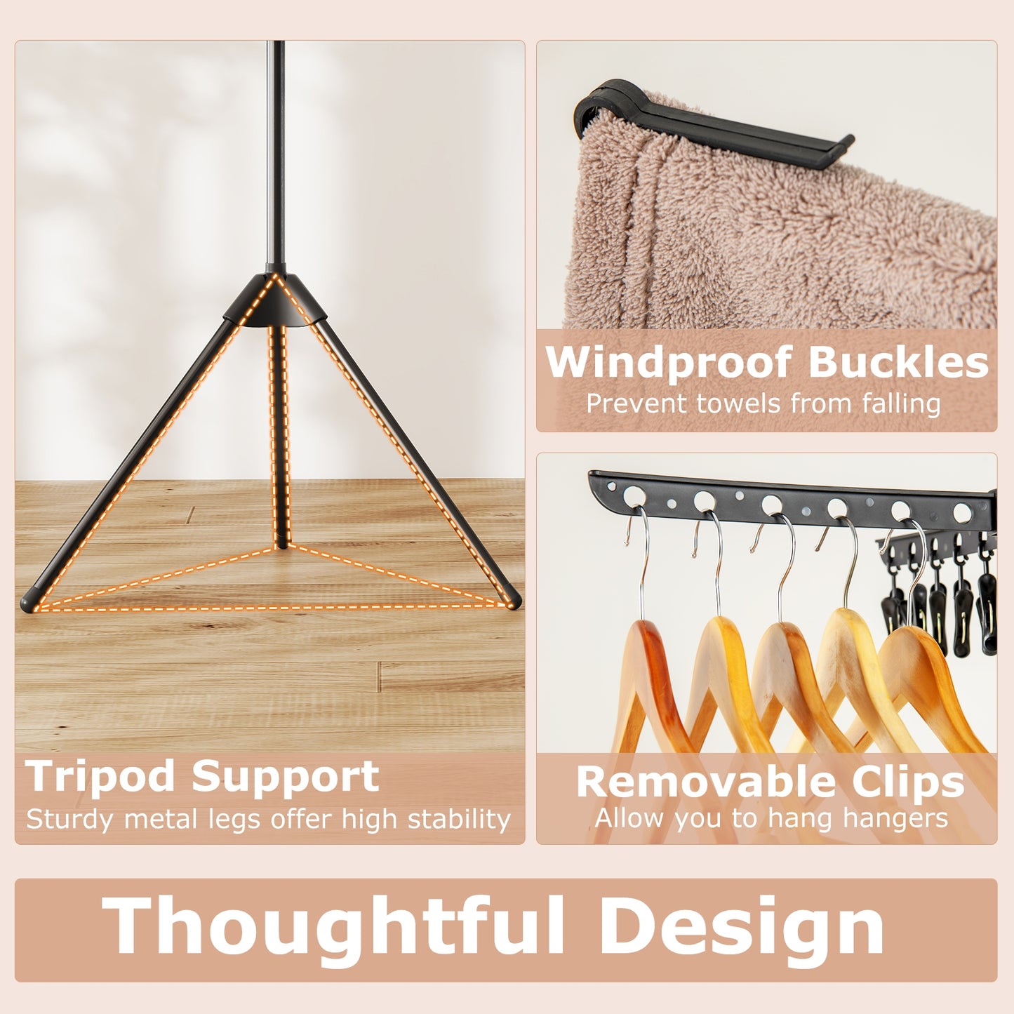 3-Tier Tripod Freestanding Folding Clothes Drying Rack with 24 Clips, Black Drying Racks at Gallery Canada