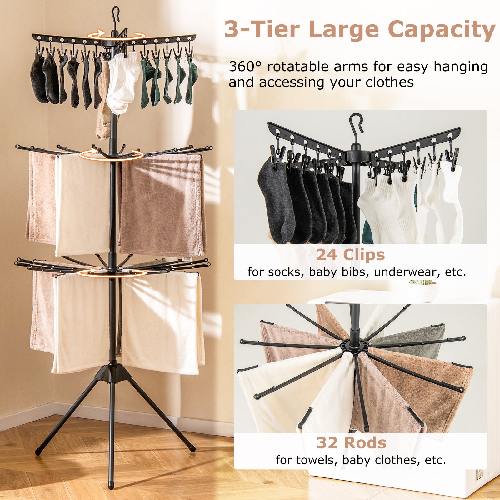 3-Tier Tripod Freestanding Folding Clothes Drying Rack with 24 Clips, Black Drying Racks at Gallery Canada