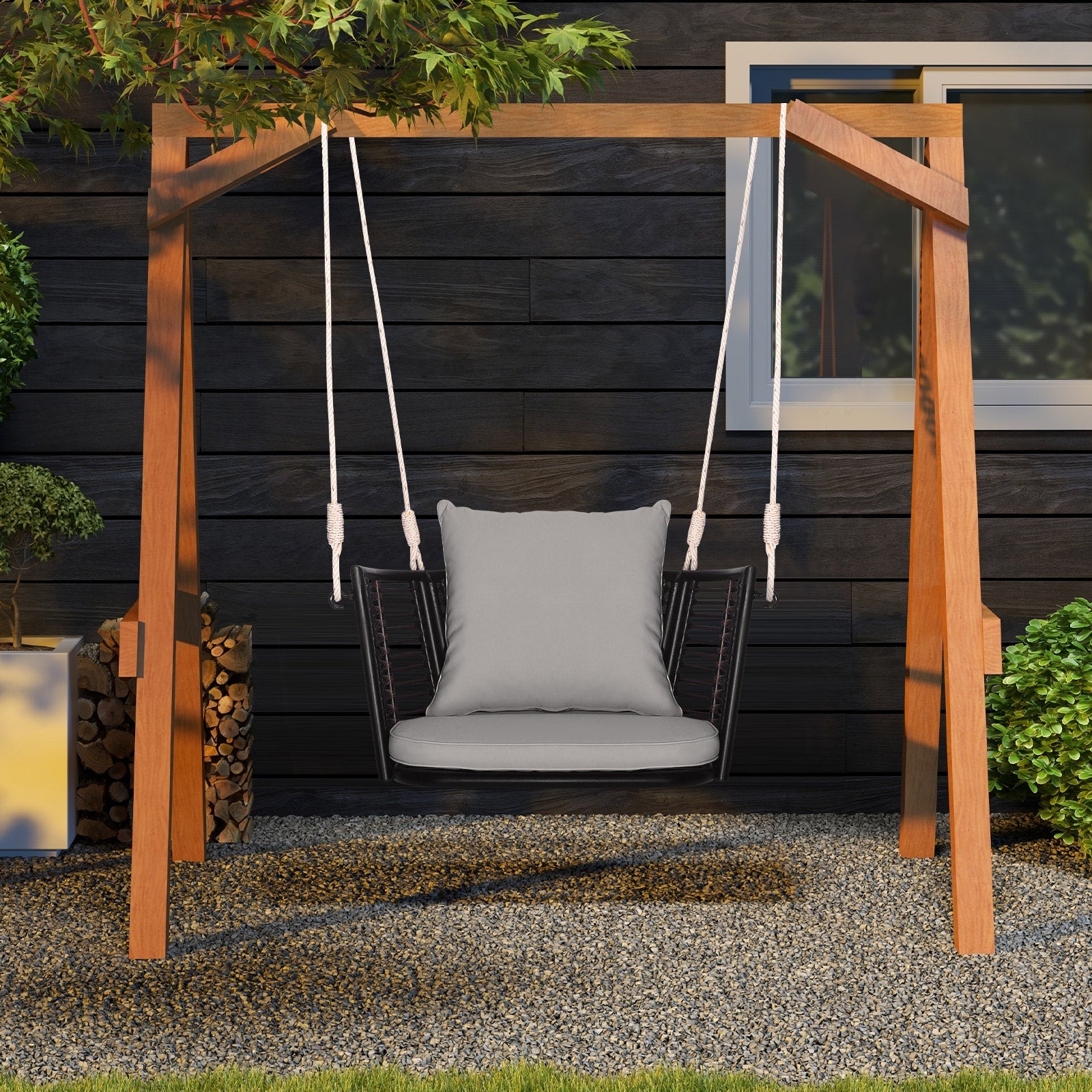 Single Person Hanging Seat, Woven Rattan Backrest, Gray Patio Rocking Chairs & Gliders at Gallery Canada