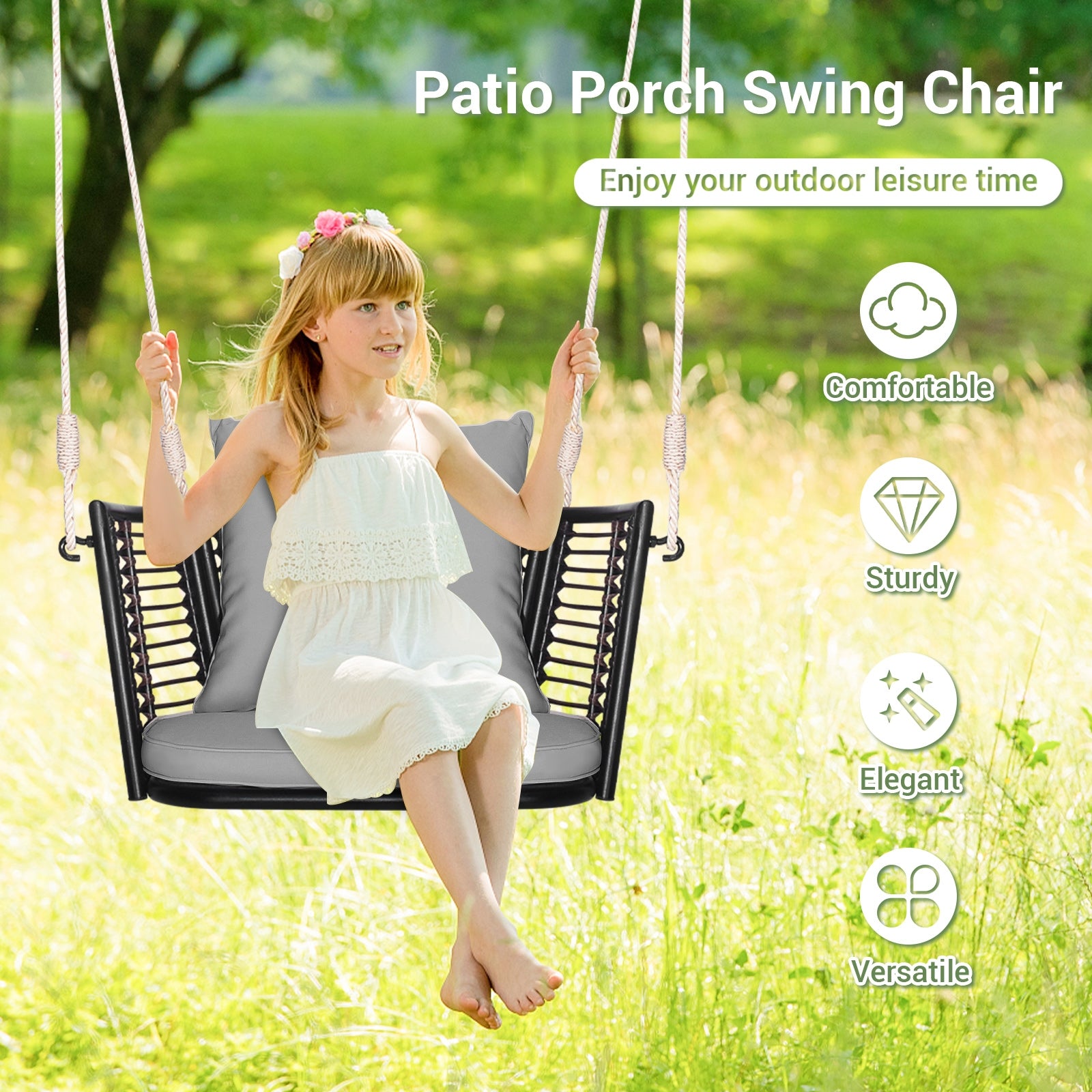 Single Person Hanging Seat, Woven Rattan Backrest, Gray Patio Rocking Chairs & Gliders at Gallery Canada