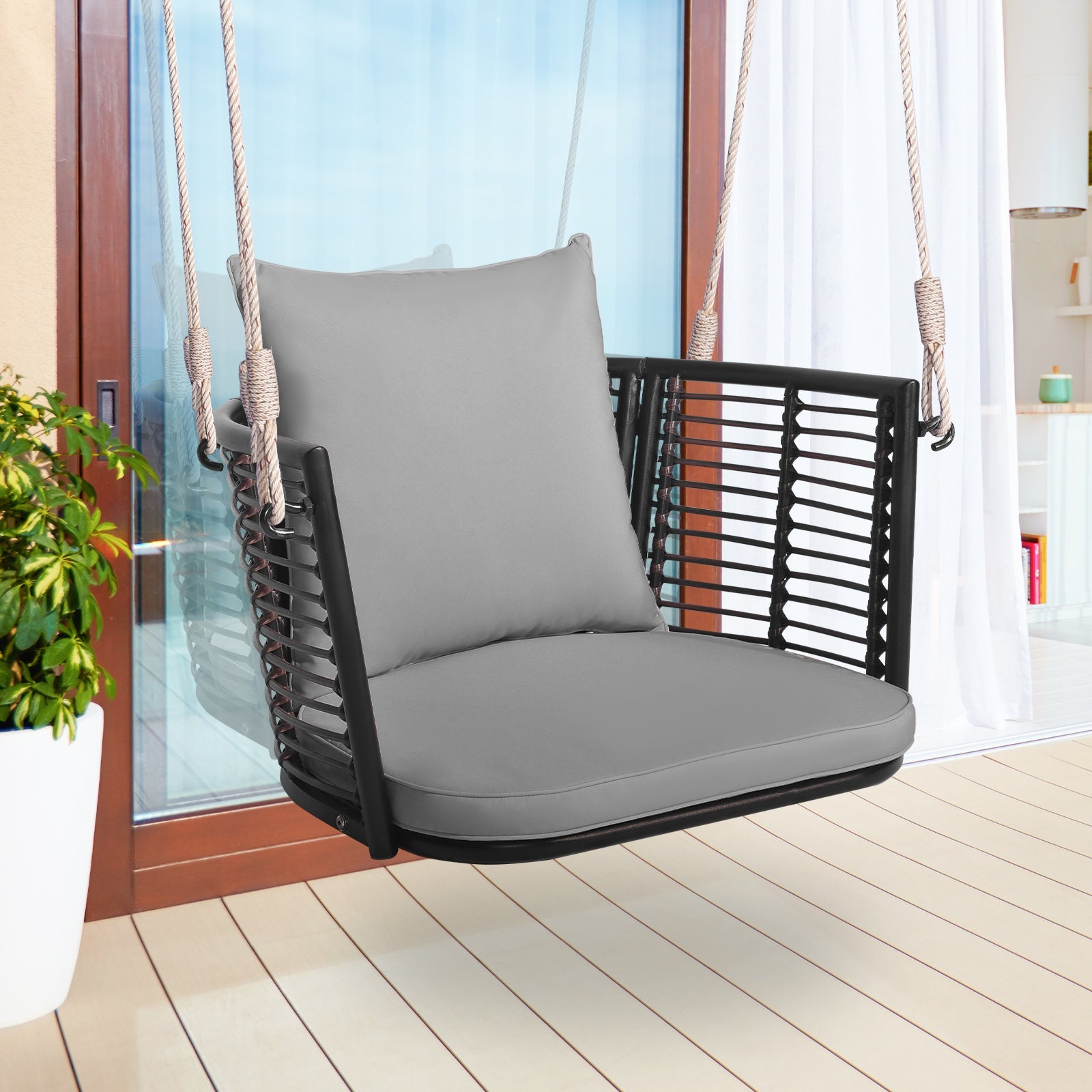 Single Person Hanging Seat, Woven Rattan Backrest, Gray Patio Rocking Chairs & Gliders at Gallery Canada