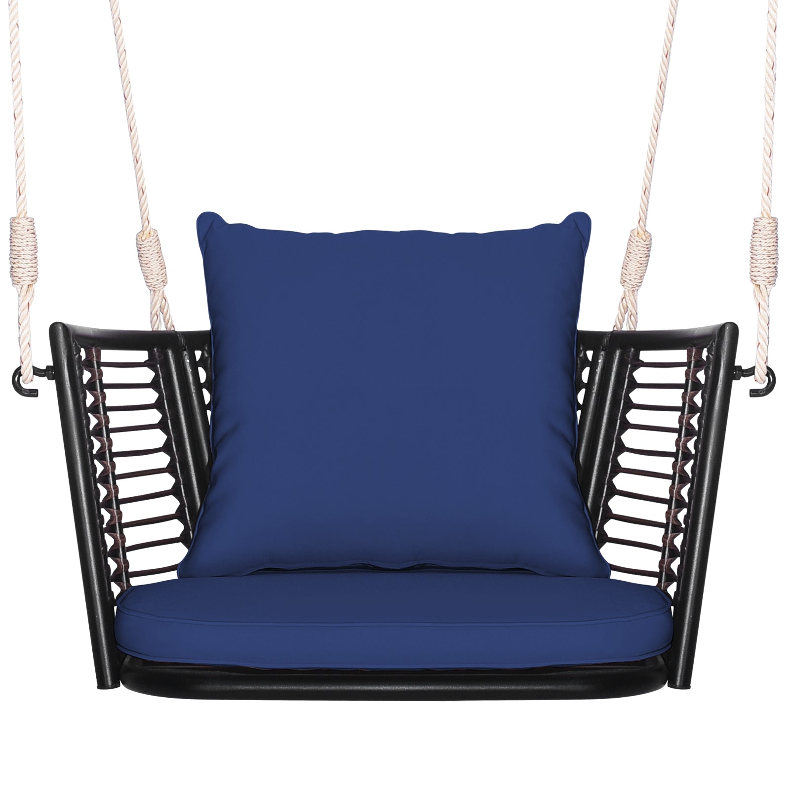 Single Person Hanging Seat with Woven Rattan Backrest for Backyard, Blue Patio Rocking Chairs & Gliders at Gallery Canada