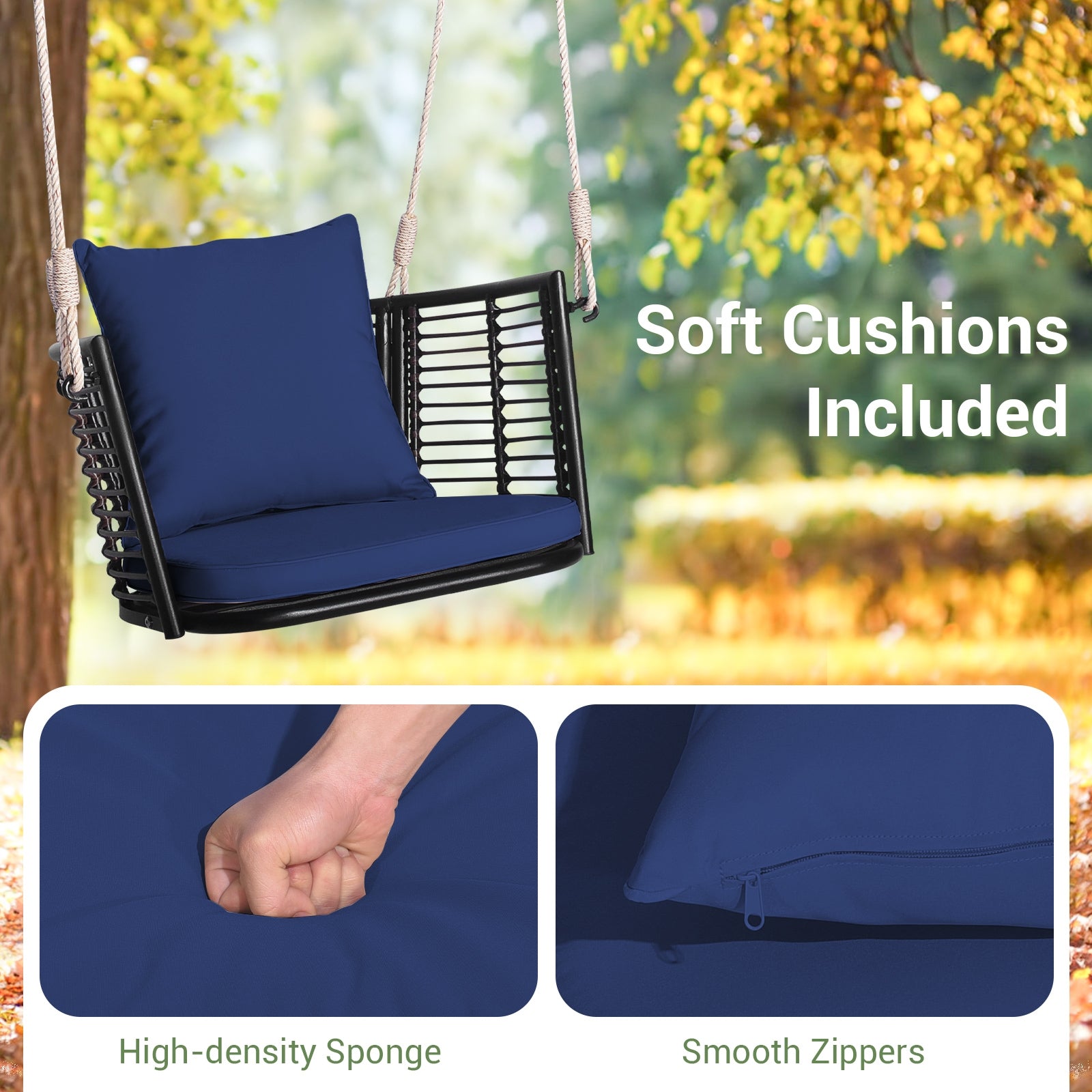 Single Person Hanging Seat with Woven Rattan Backrest for Backyard, Blue Patio Rocking Chairs & Gliders at Gallery Canada