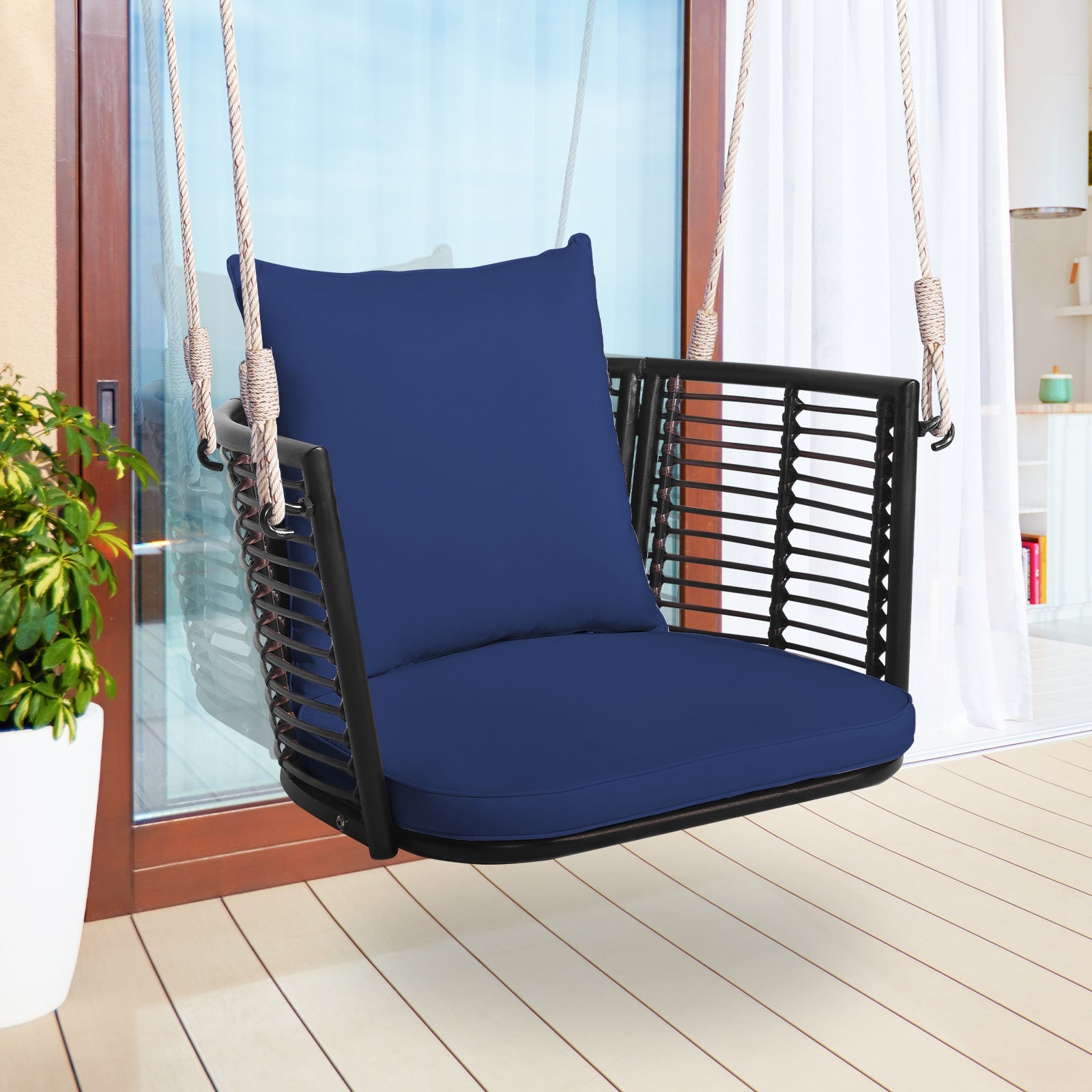 Single Person Hanging Seat with Woven Rattan Backrest for Backyard, Blue Patio Rocking Chairs & Gliders at Gallery Canada