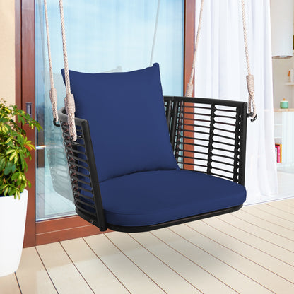 Single Person Hanging Seat with Woven Rattan Backrest for Backyard, Blue Patio Rocking Chairs & Gliders at Gallery Canada