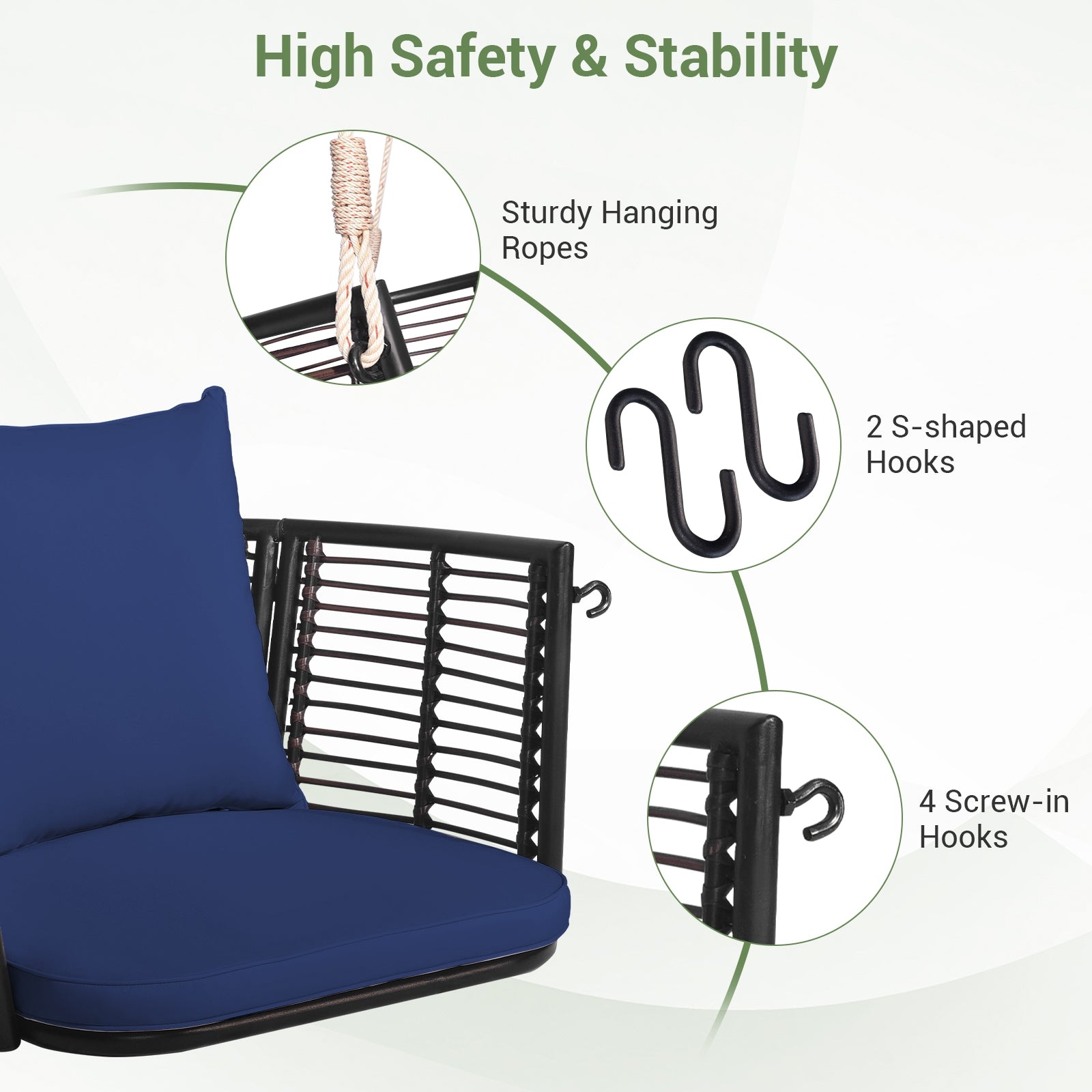 Single Person Hanging Seat with Woven Rattan Backrest for Backyard, Blue Patio Rocking Chairs & Gliders at Gallery Canada