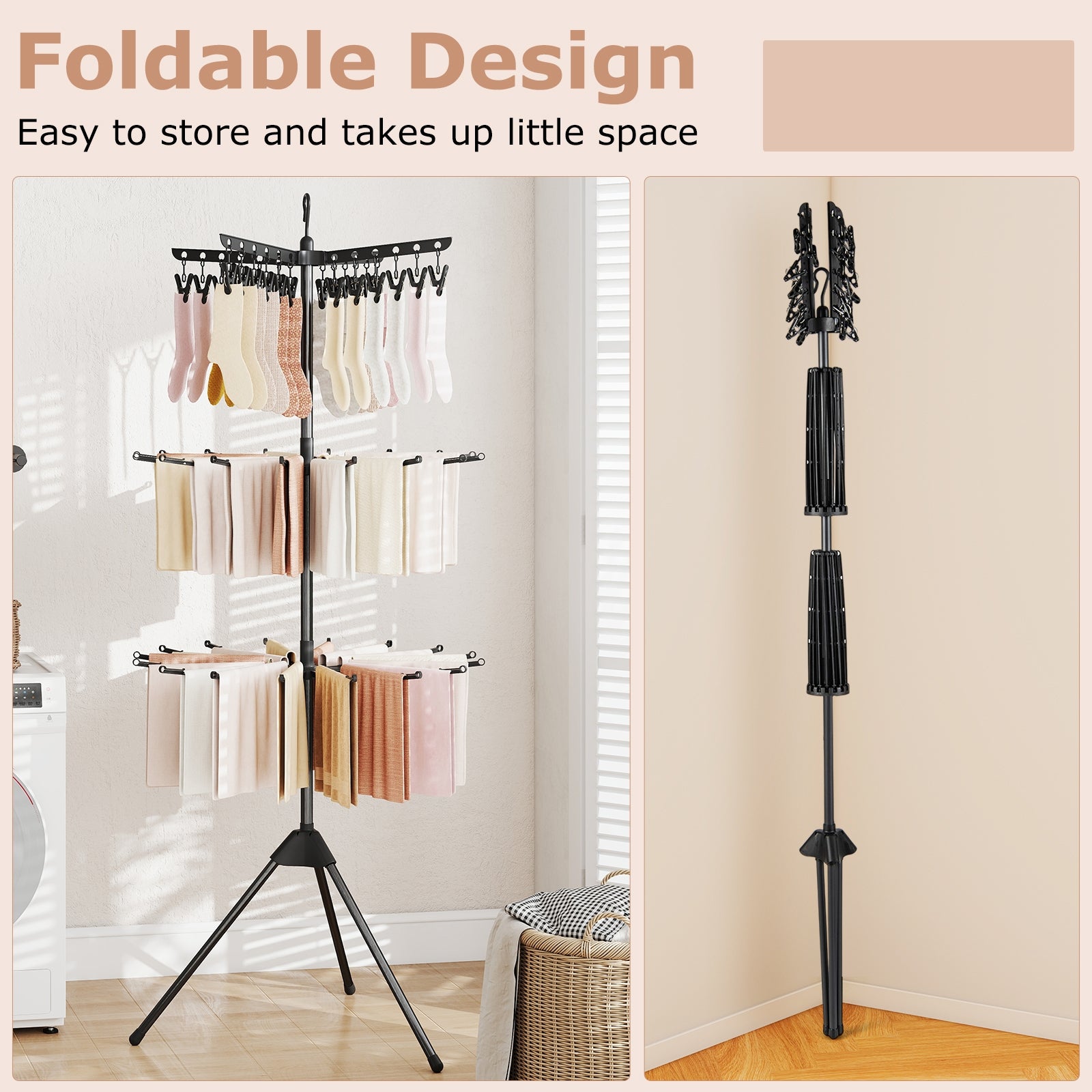 3-Tier Tripod Freestanding Folding Clothes Drying Rack with 24 Clips, Black Drying Racks at Gallery Canada