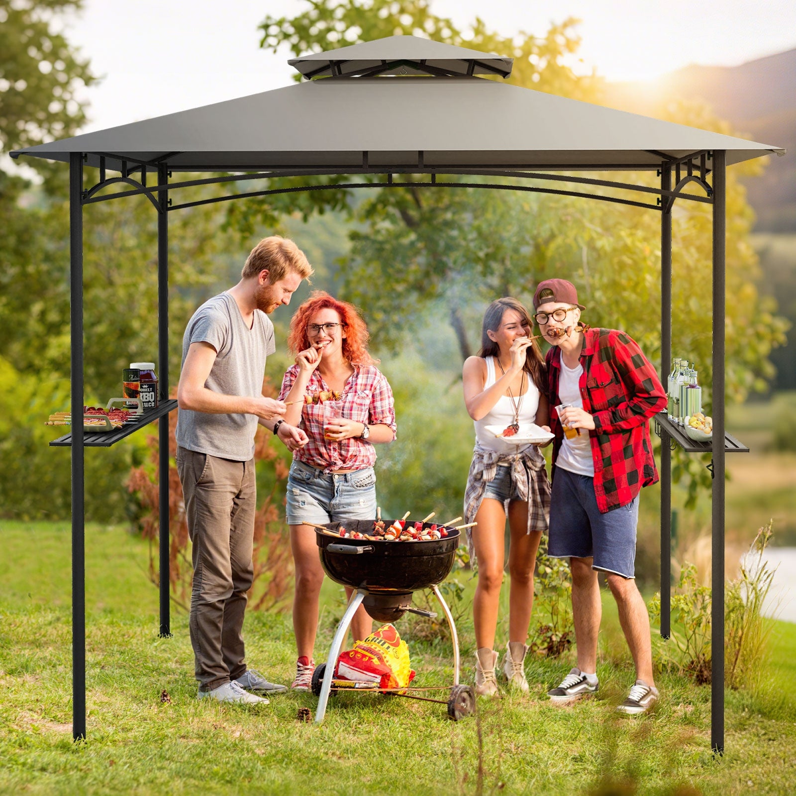 8 x 5 Feet Grill Gazebo with 2 Shelves 6 Hooks and Metal Frame, Gray Gazebos at Gallery Canada