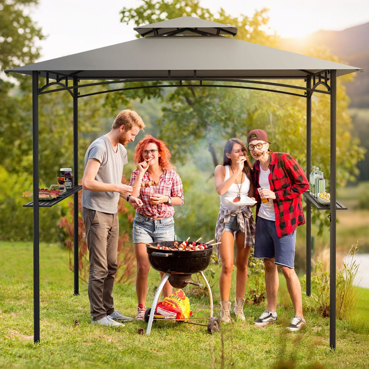 8 x 5 Feet Grill Gazebo with 2 Shelves 6 Hooks and Metal Frame, Gray Gazebos at Gallery Canada