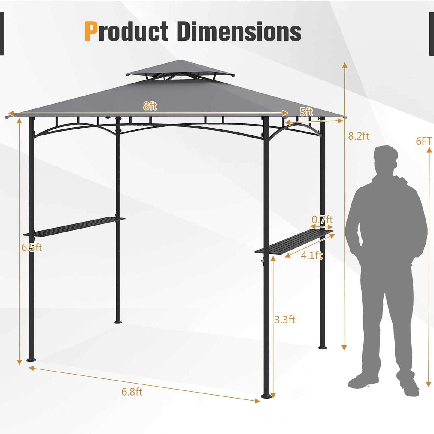 8 x 5 Feet Grill Gazebo with 2 Shelves 6 Hooks and Metal Frame, Gray Gazebos at Gallery Canada