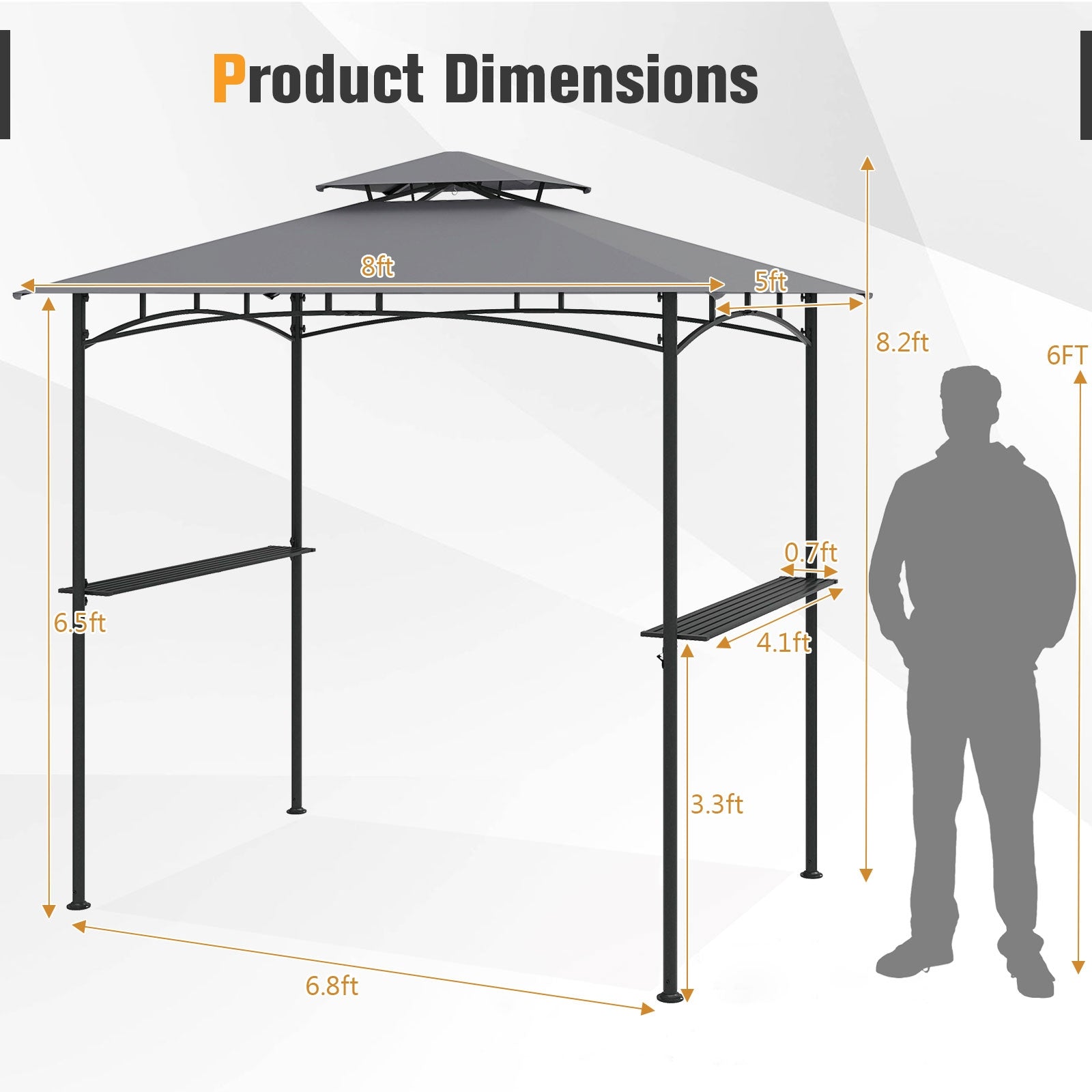 8 x 5 Feet Grill Gazebo with 2 Shelves 6 Hooks and Metal Frame, Gray Gazebos at Gallery Canada