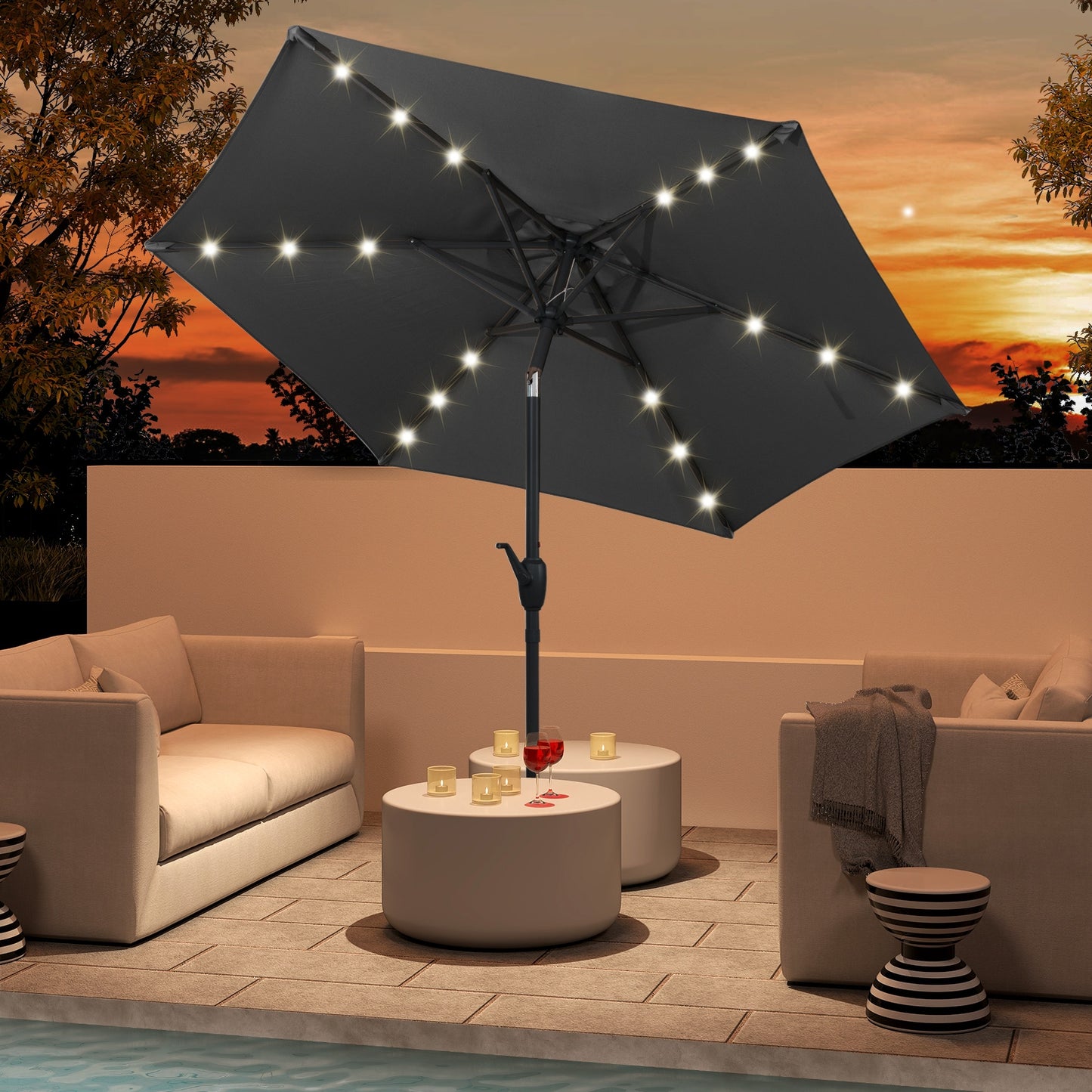 7.5 Feet Solar Powered Patio Umbrella with LED Lights and Crank Handle, Gray Outdoor Umbrellas at Gallery Canada