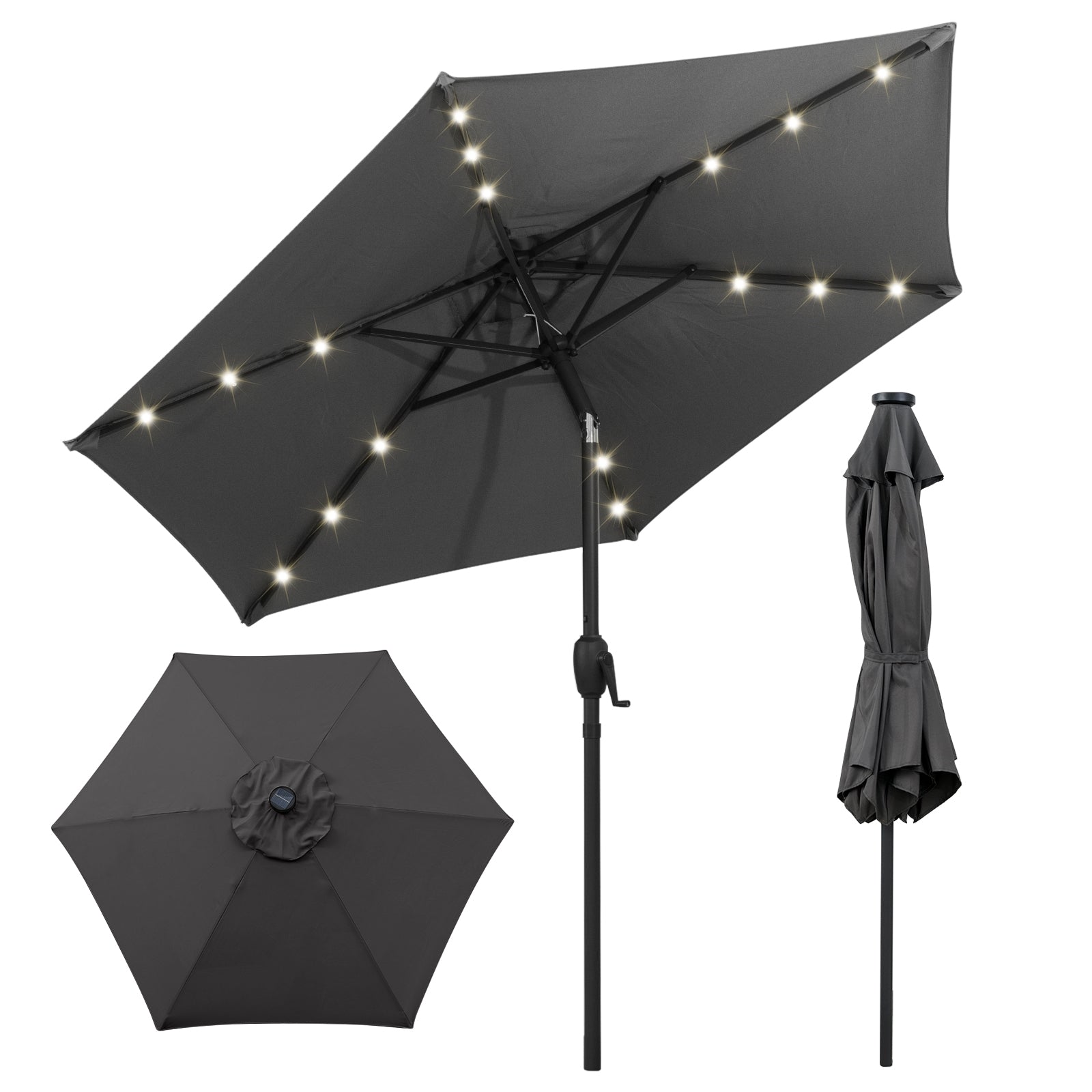 7.5 Feet Solar Powered Patio Umbrella with LED Lights and Crank Handle, Gray Outdoor Umbrellas at Gallery Canada