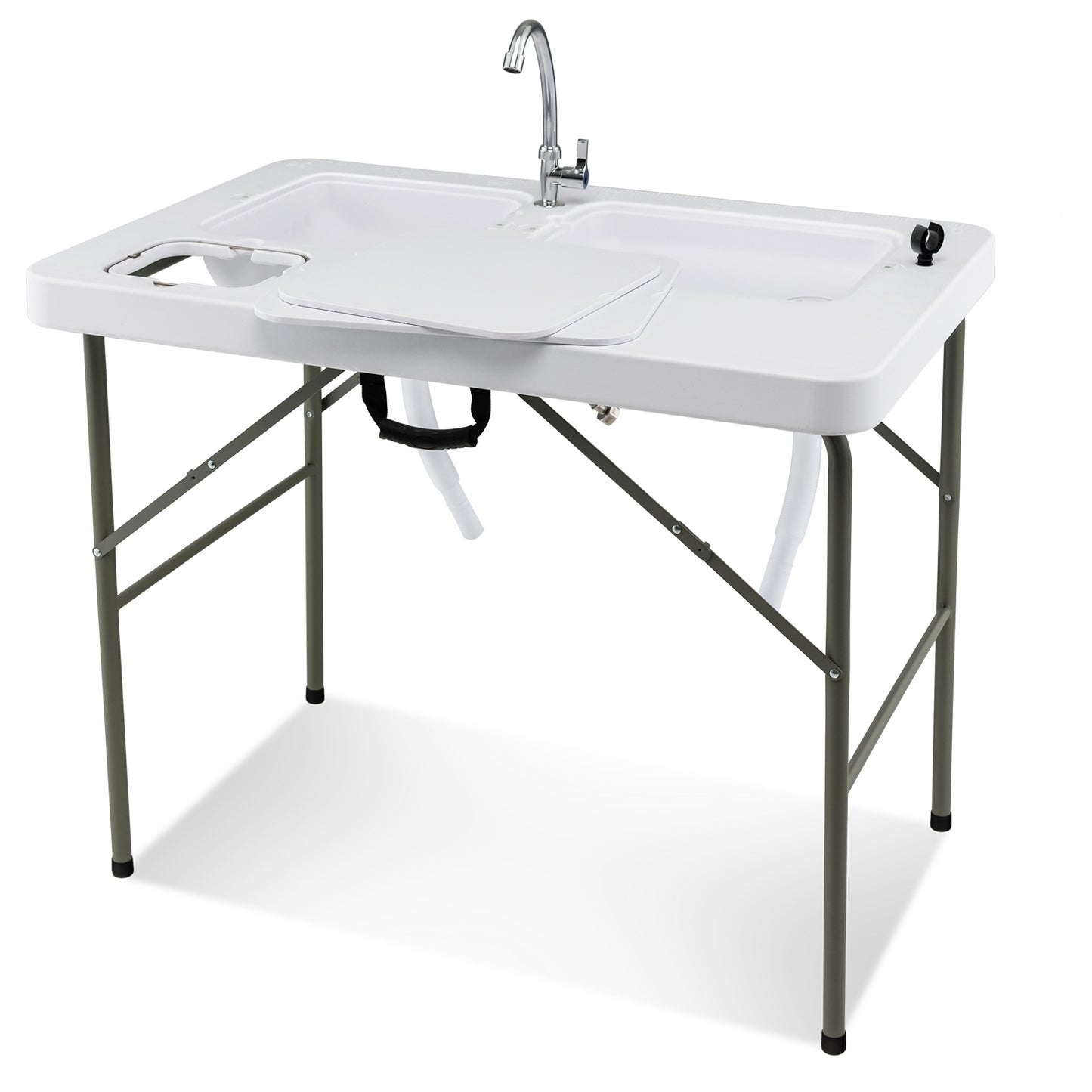 Fish Cleaning Table with 2 Sinks and 360° Rotatable Fauce, White