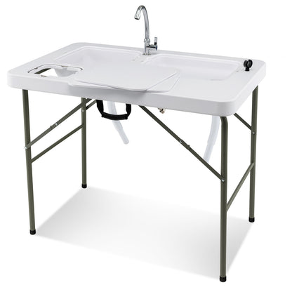 Fish Cleaning Table with 2 Sinks and 360° Rotatable Fauce, White