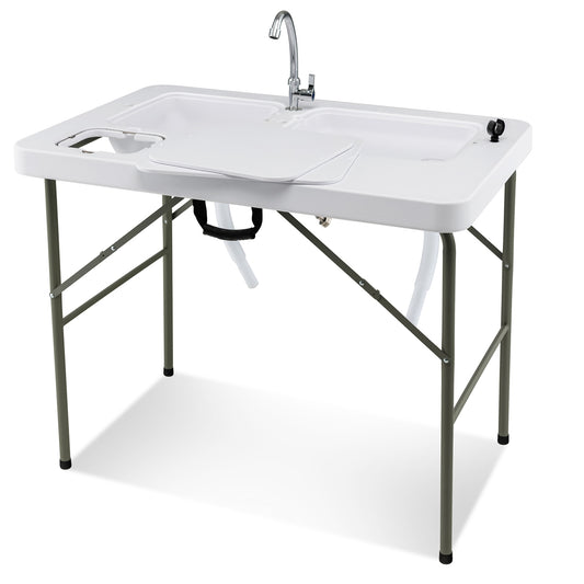 Fish Cleaning Table, 2 Sinks, 360° Rotatable Faucet, White Picnic Tables White at Gallery Canada