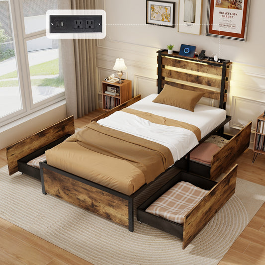 Full/Queen/Twin Size Bed Frame with Drawers LED Lights and USB Ports-Twin Size, Rustic Brown Simple Bed Frame Rustic Brown at Gallery Canada