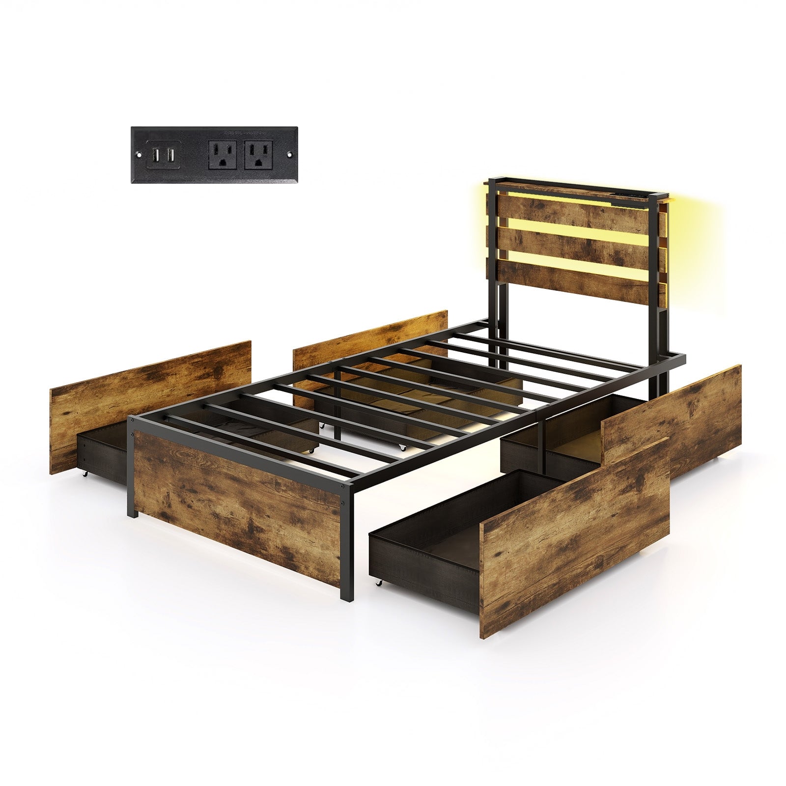 Twin Size Bed Frame With Drawers, LED Lights, USB Ports, Rustic Brown Simple Bed Frame at Gallery Canada