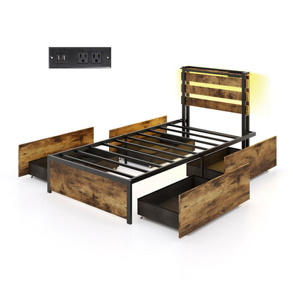 Twin Size Bed Frame With Drawers, LED Lights, USB Ports, Rustic Brown Simple Bed Frame at Gallery Canada