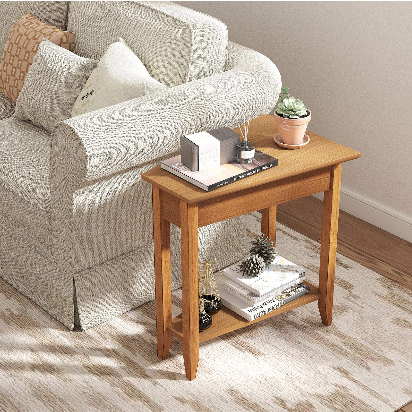 2-Tier Wedge Narrow End Table with Storage Shelf and Solid Wood Legs, Walnut End & Side Tables at Gallery Canada