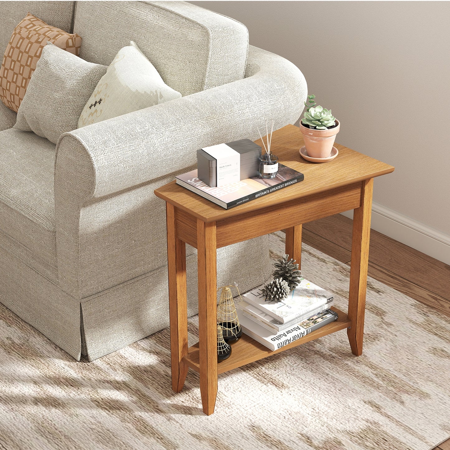2-Tier Wedge Narrow End Table with Storage Shelf and Solid Wood Legs, Walnut End & Side Tables at Gallery Canada