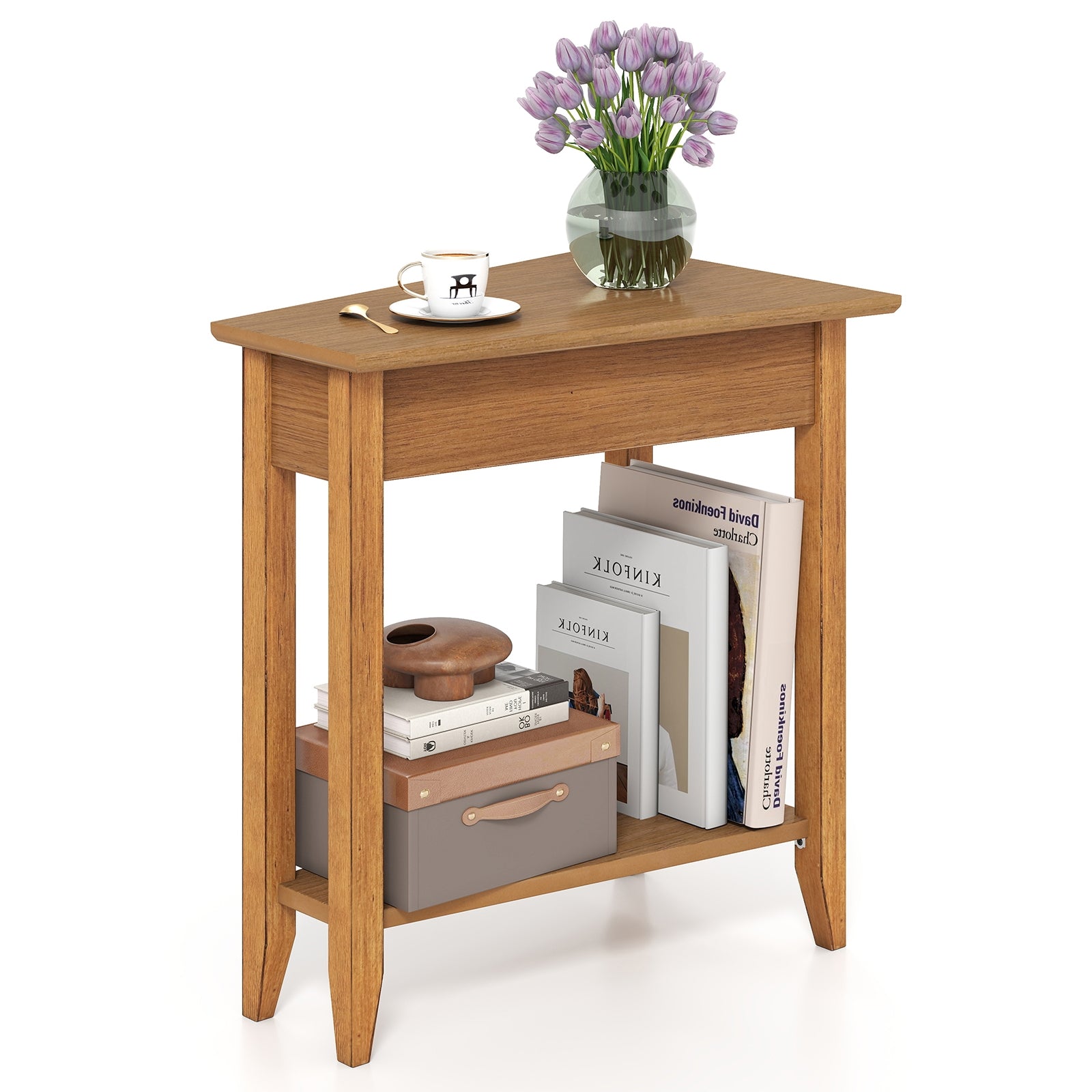 2-Tier Wedge Narrow End Table with Storage Shelf and Solid Wood Legs, Walnut End & Side Tables at Gallery Canada