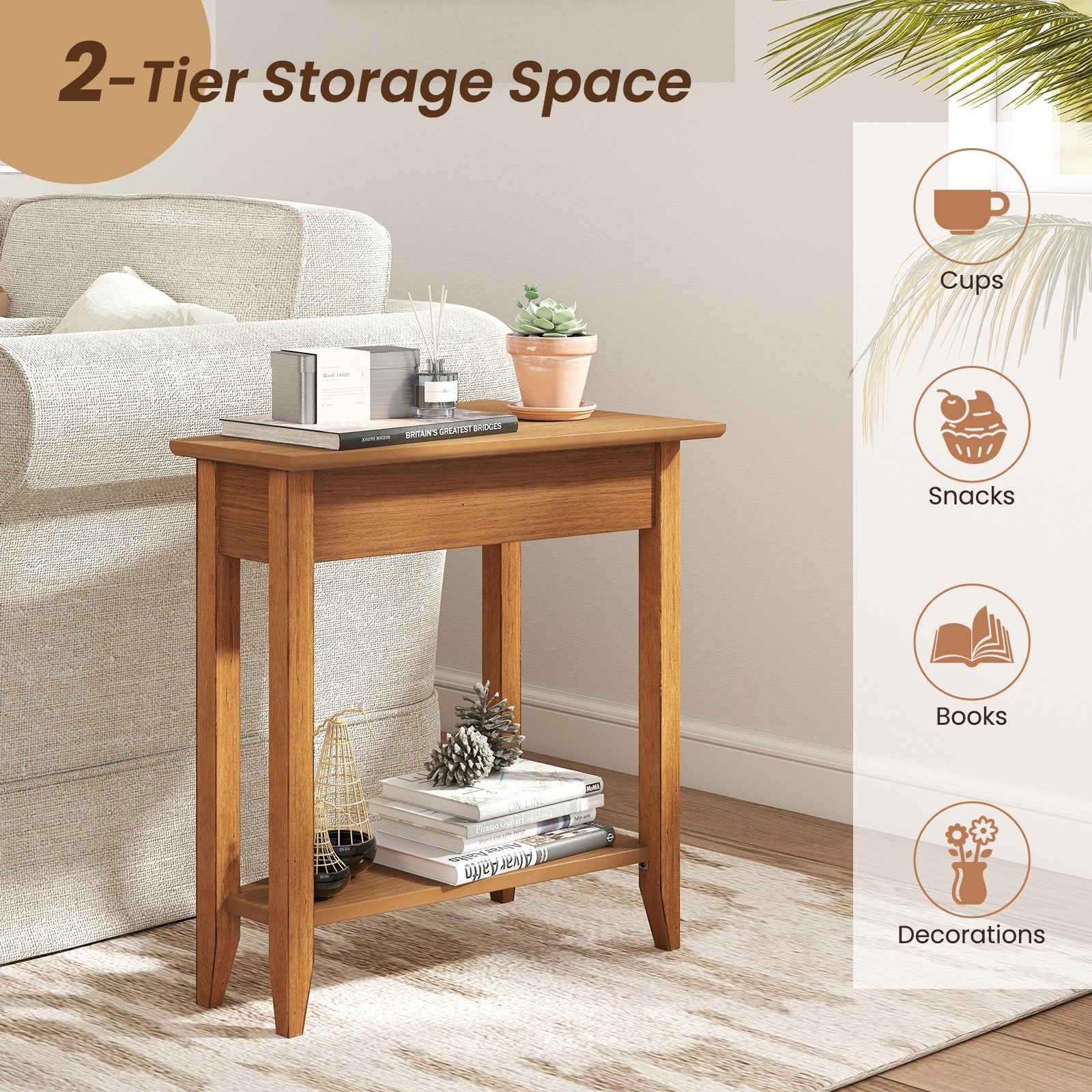 2-Tier Wedge Narrow End Table with Storage Shelf and Solid Wood Legs, Walnut End & Side Tables at Gallery Canada