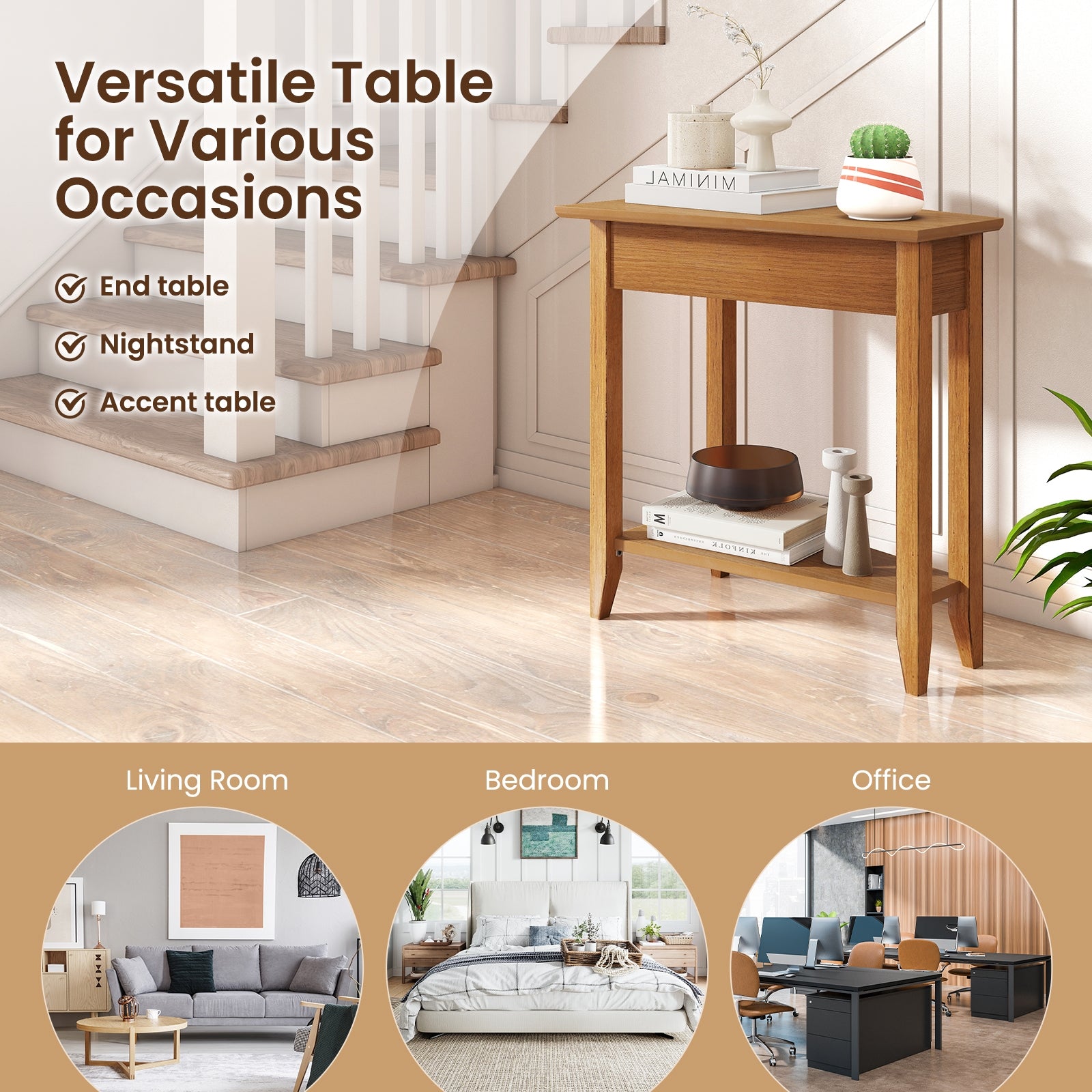 2-Tier Wedge Narrow End Table with Storage Shelf and Solid Wood Legs, Walnut End & Side Tables at Gallery Canada