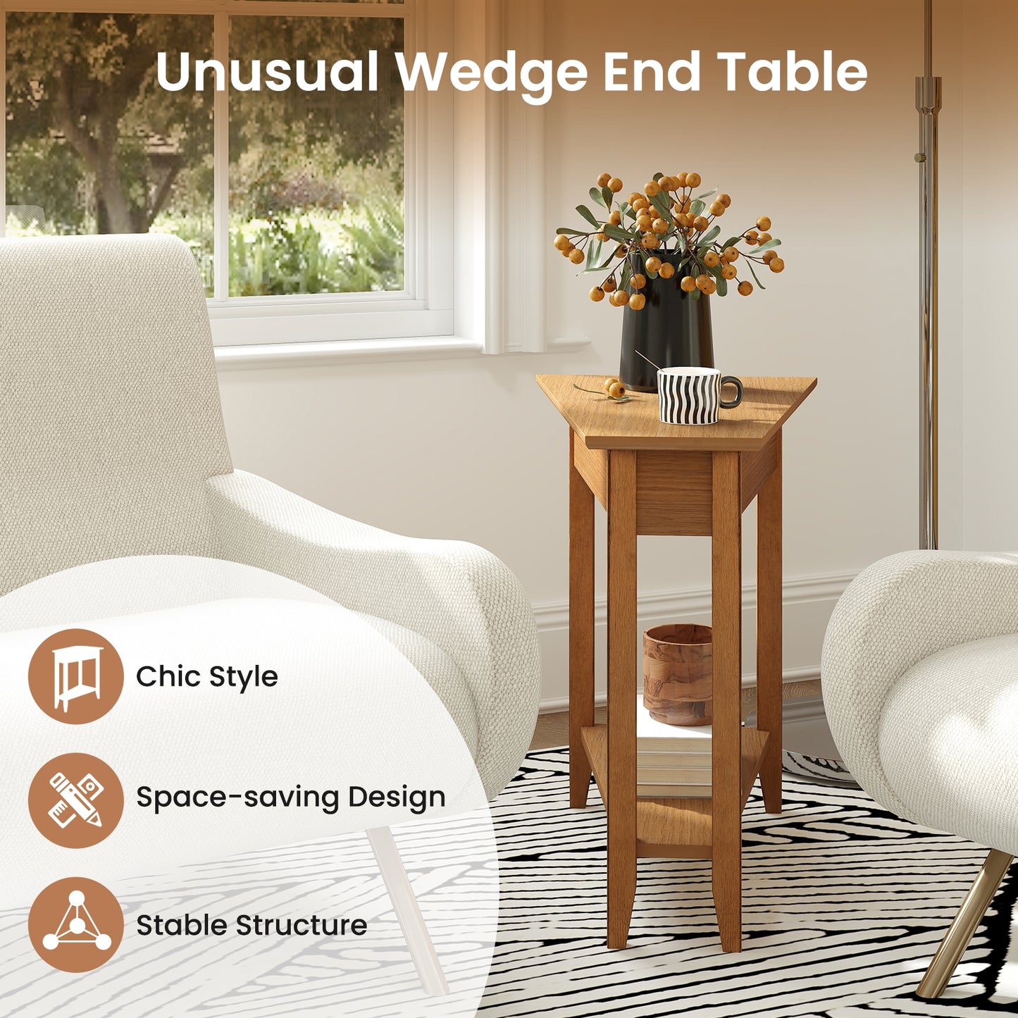 2-Tier Wedge Narrow End Table with Storage Shelf and Solid Wood Legs, Walnut End & Side Tables at Gallery Canada